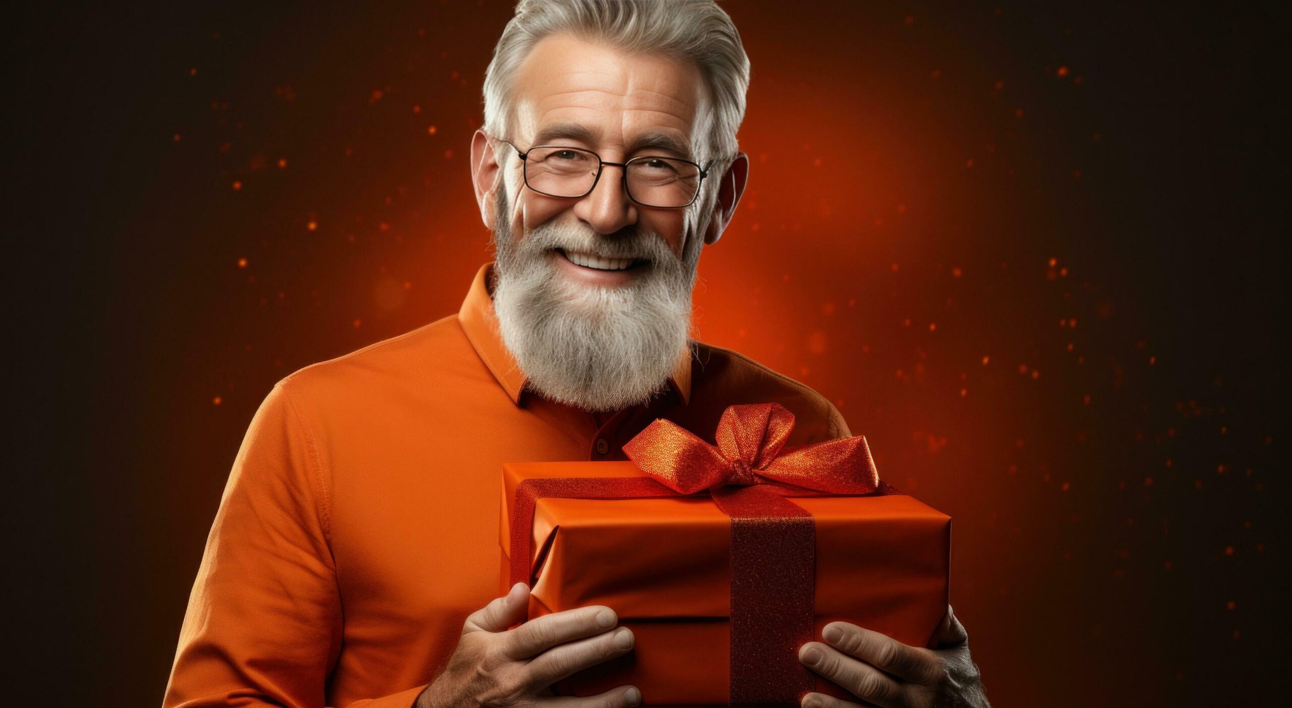 an older man holding an orange gift box Free Photo