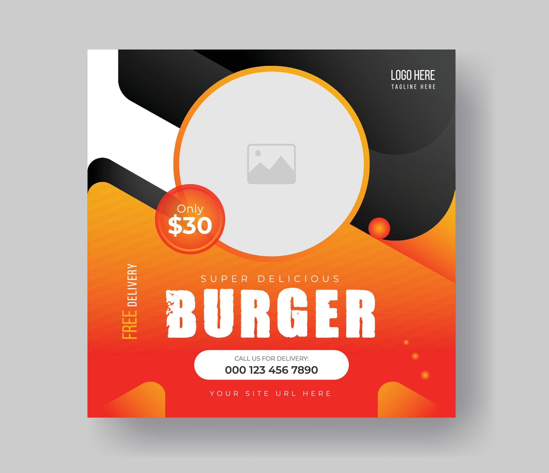 Burger food post online advertising promotion banner business vector layout design with colorful gradient shape and element. Free Vector