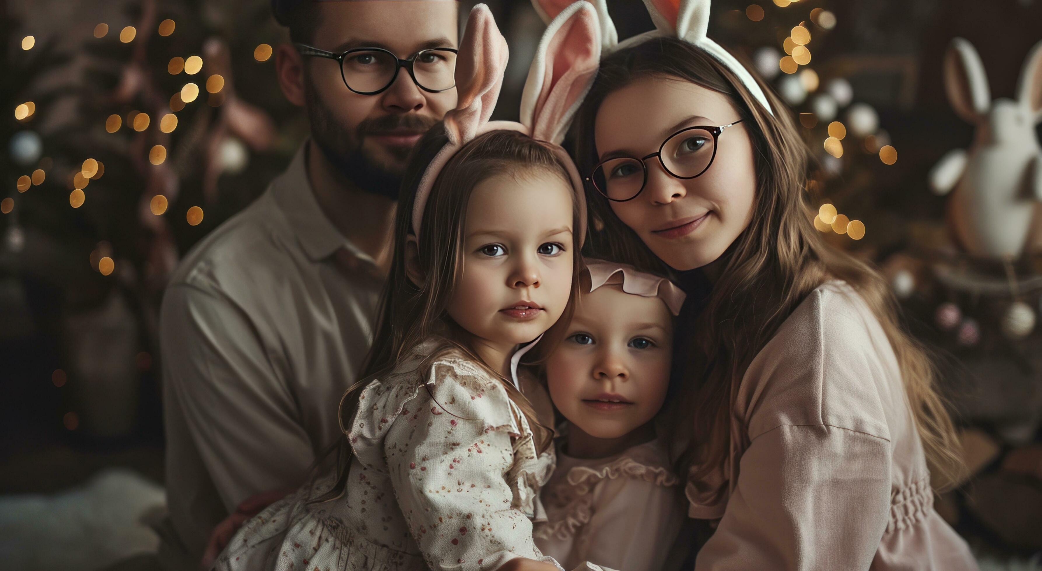 AI generated family with little girls wearing easter bunny ears Stock Free