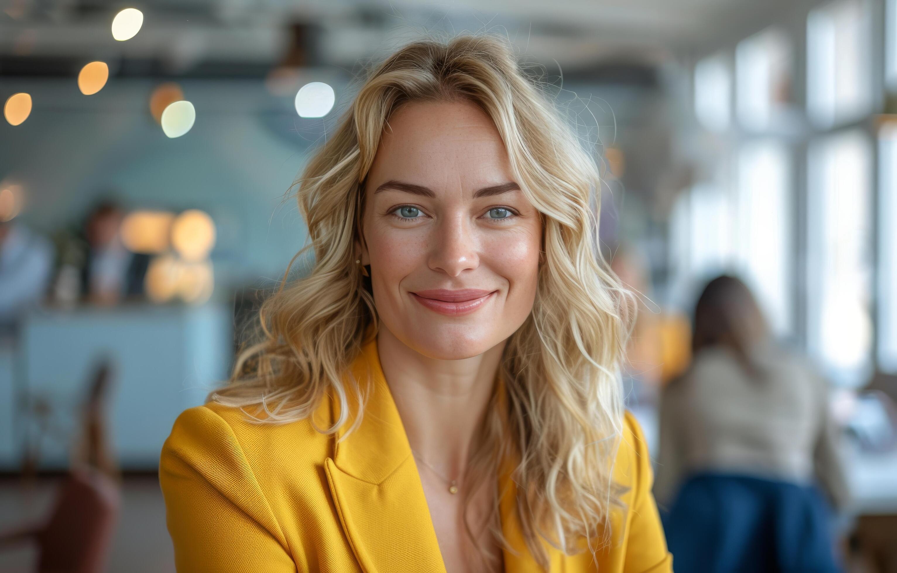 Smiling Woman In Yellow Blazer At A Coffee Shop Stock Free