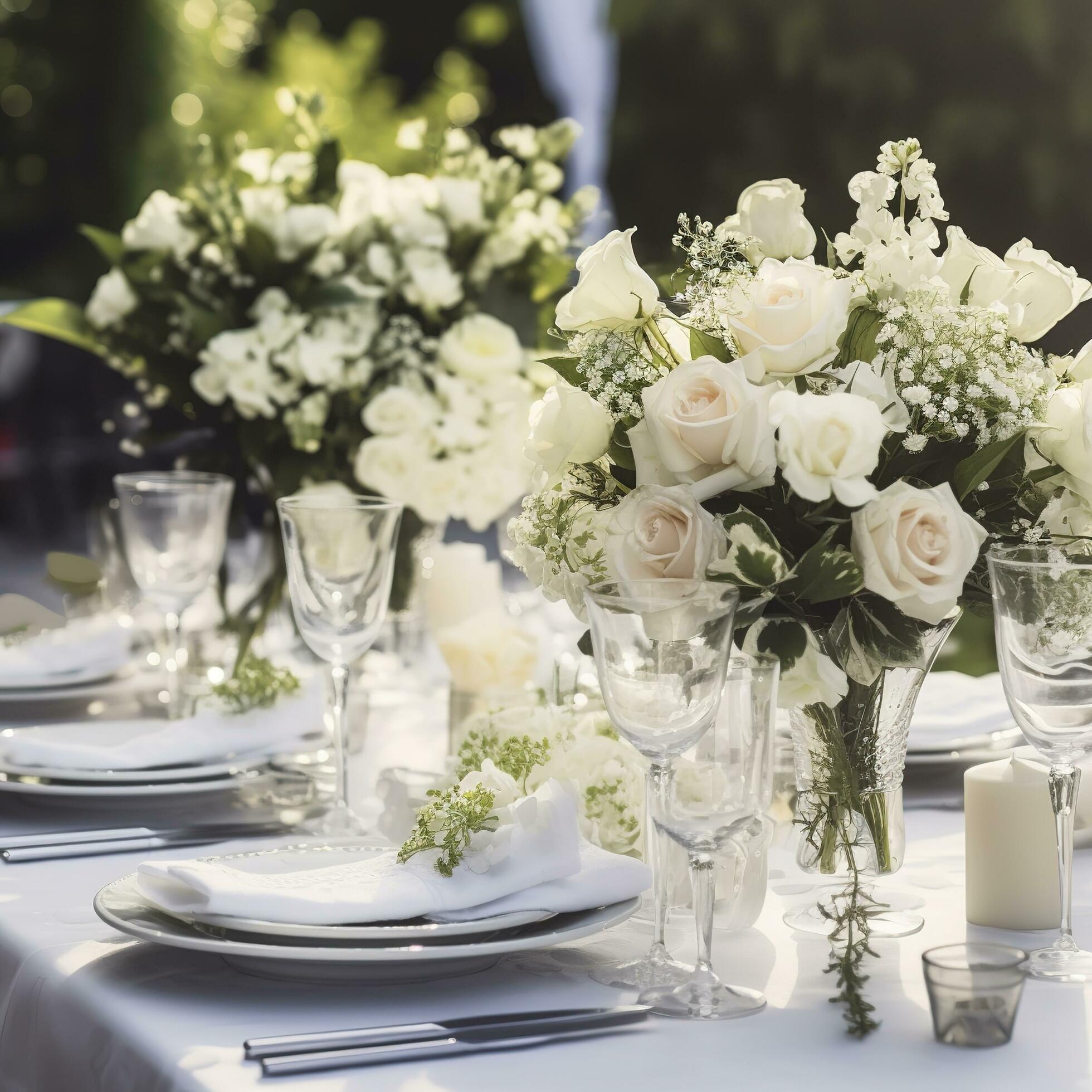 Beautiful outdoor table setting with white flowers for a dinner, wedding reception or other festive event,, generat ai Stock Free