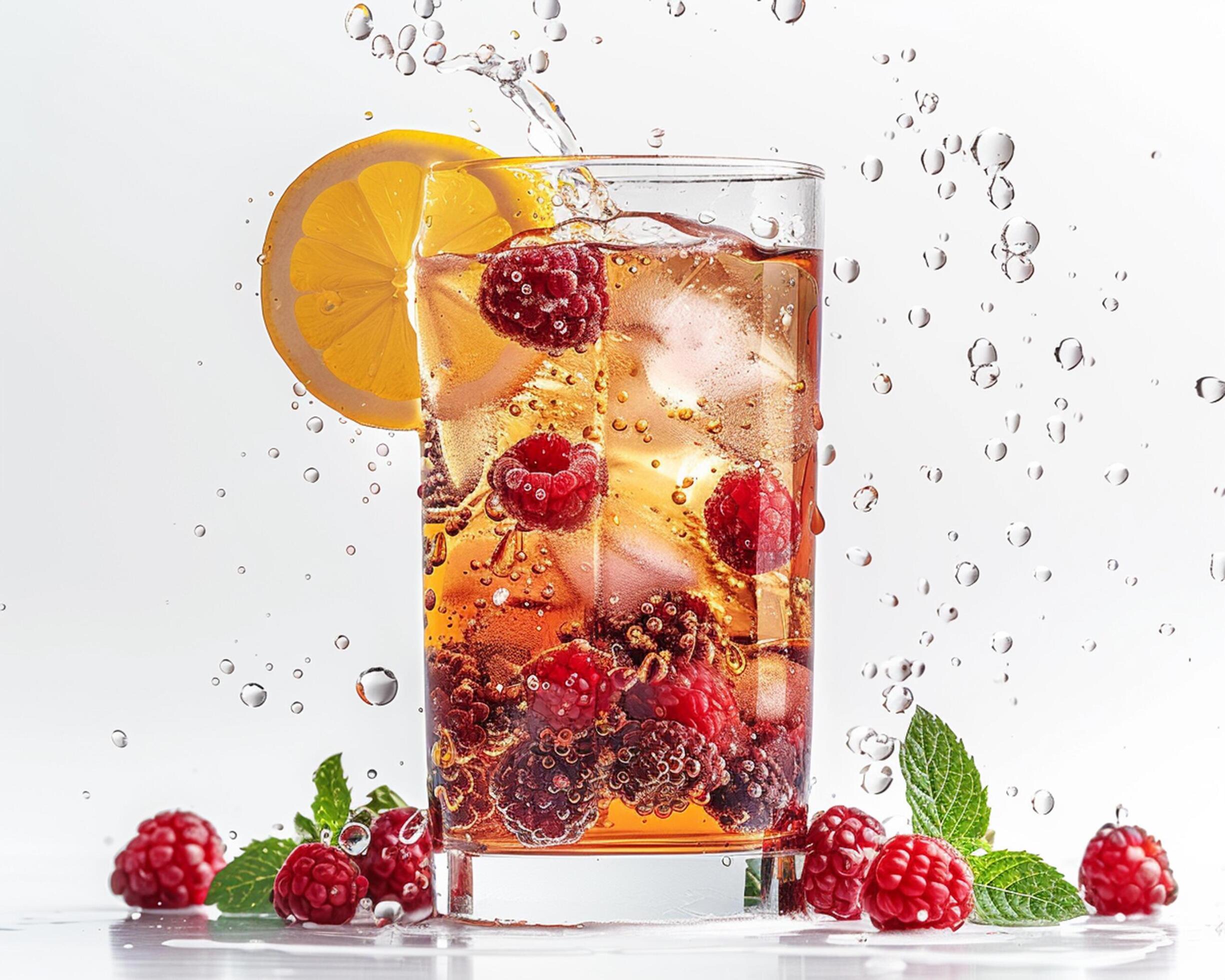 a glass of iced tea with raspberries and lemon slices Stock Free