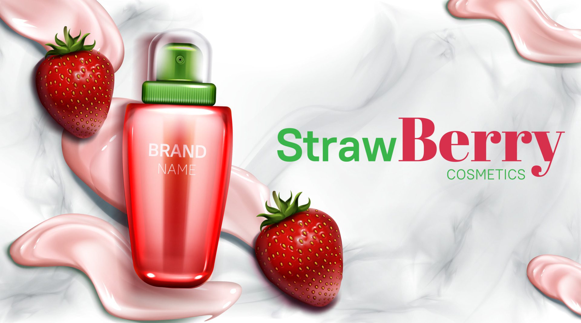 Strawberry cosmetics bottle mockup banner design Free Vector