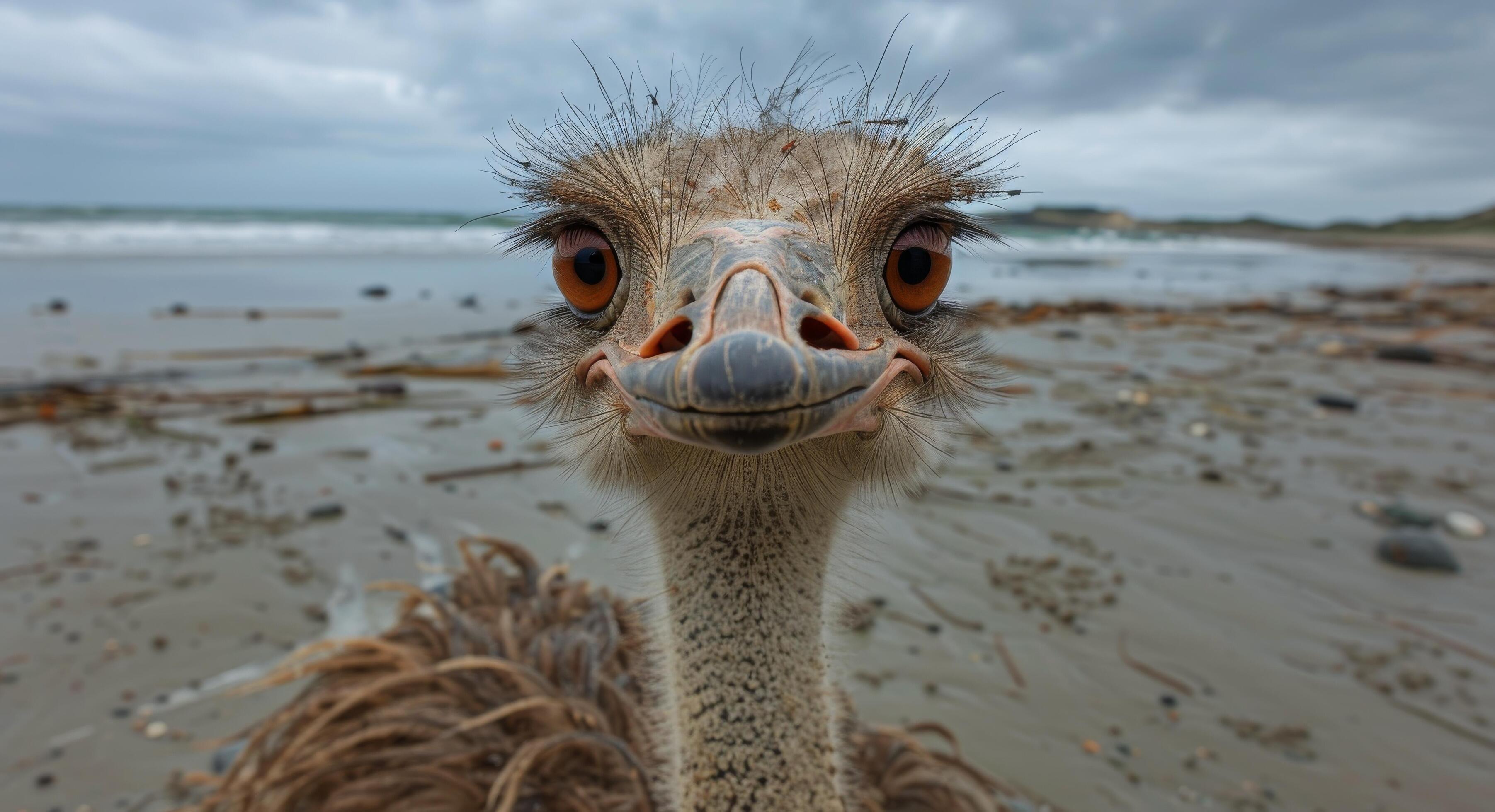 Ostrich Standing on Sandy Beach With Ocean in Background Stock Free