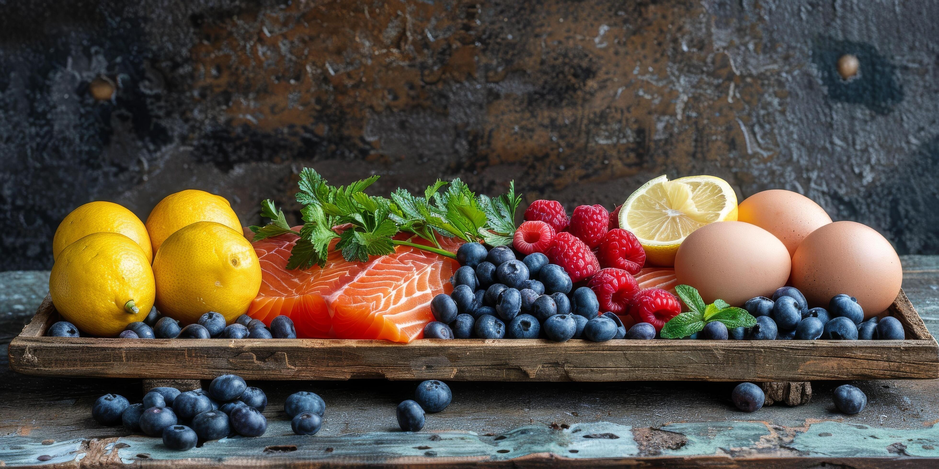 Fresh Salmon, Lemons, Blueberries, Raspberries, and Eggs in a Wooden Tray Stock Free