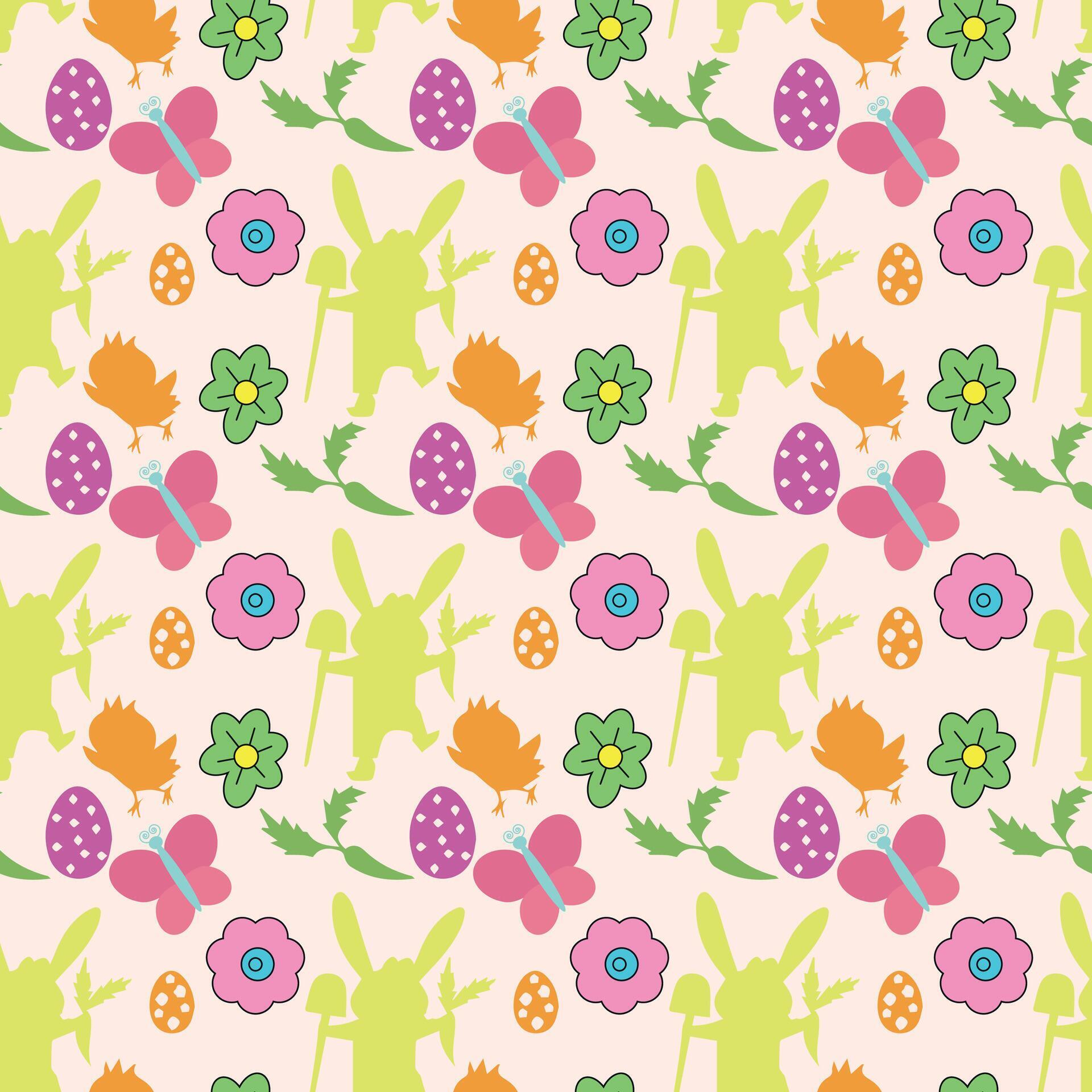 Hand draw colorful floral seamless pattern with eggs chiken rabbit flowers. Cute easter bunny Stock Free