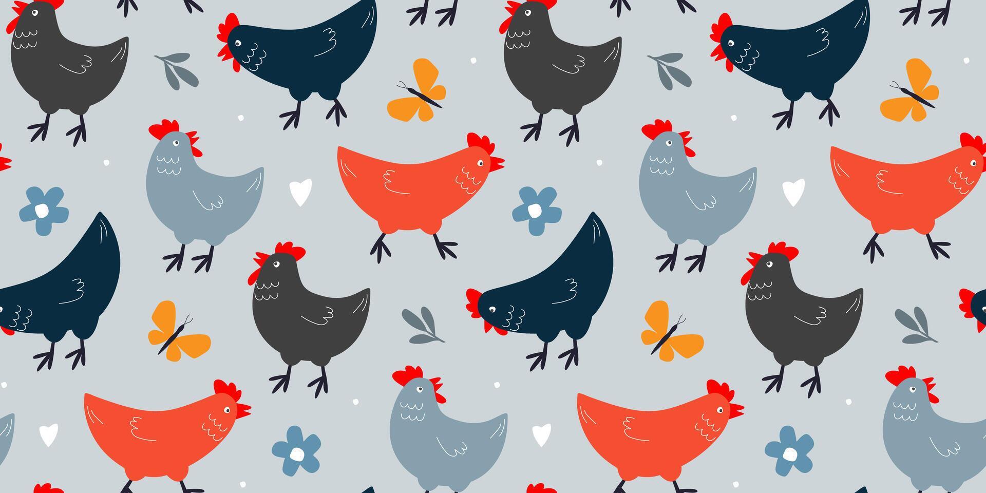 Seamless pattern with cute chickens. Summer abstract print with pet birds. Vector graphics. Stock Free