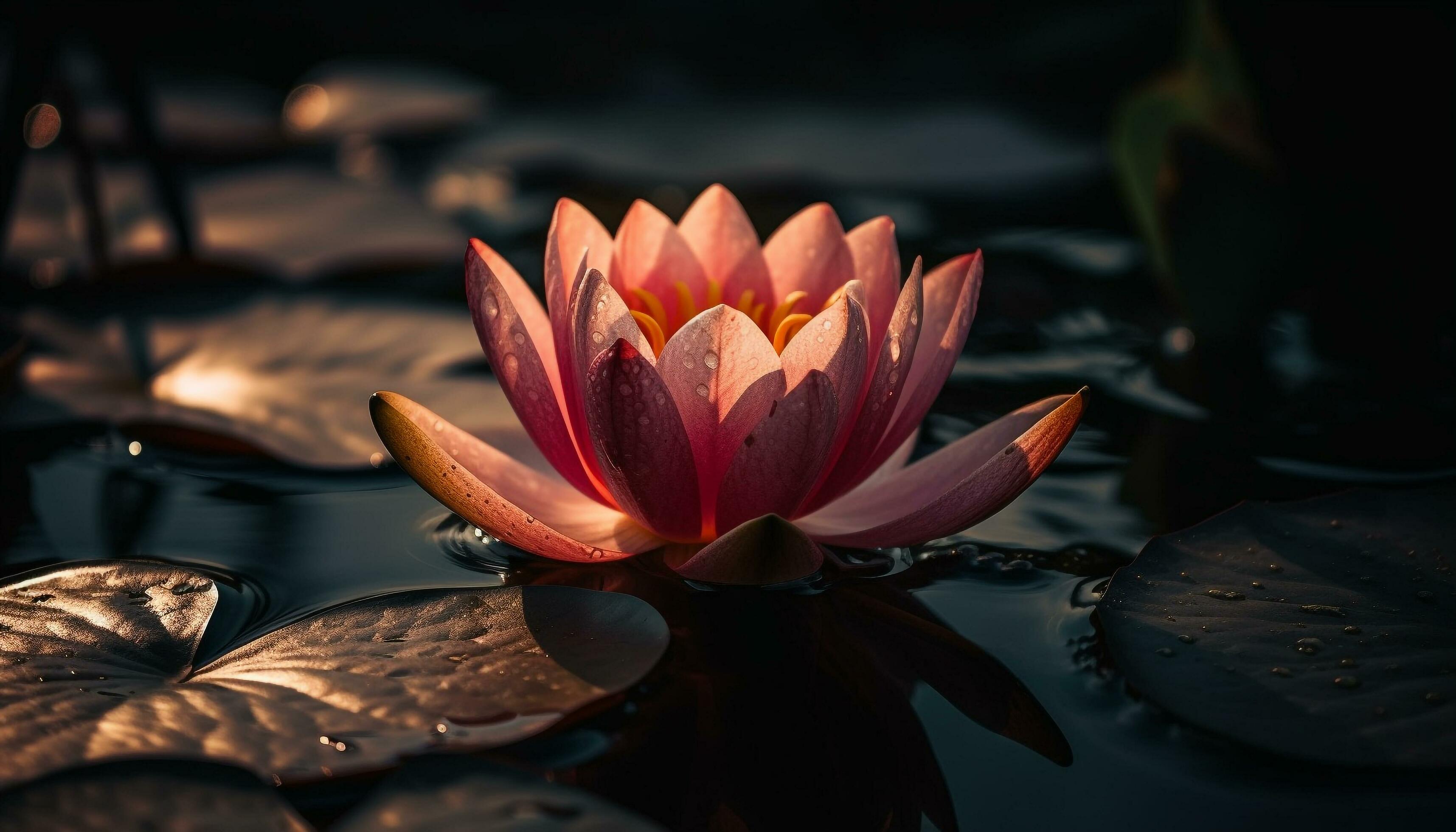 A single lotus flower floats on water generated by AI Stock Free