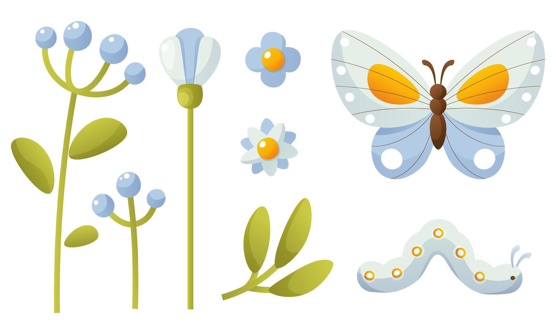 Blue, blue flowers, green leaves, blue butterfly and caterpillar. Summer flowers and insects Stock Free