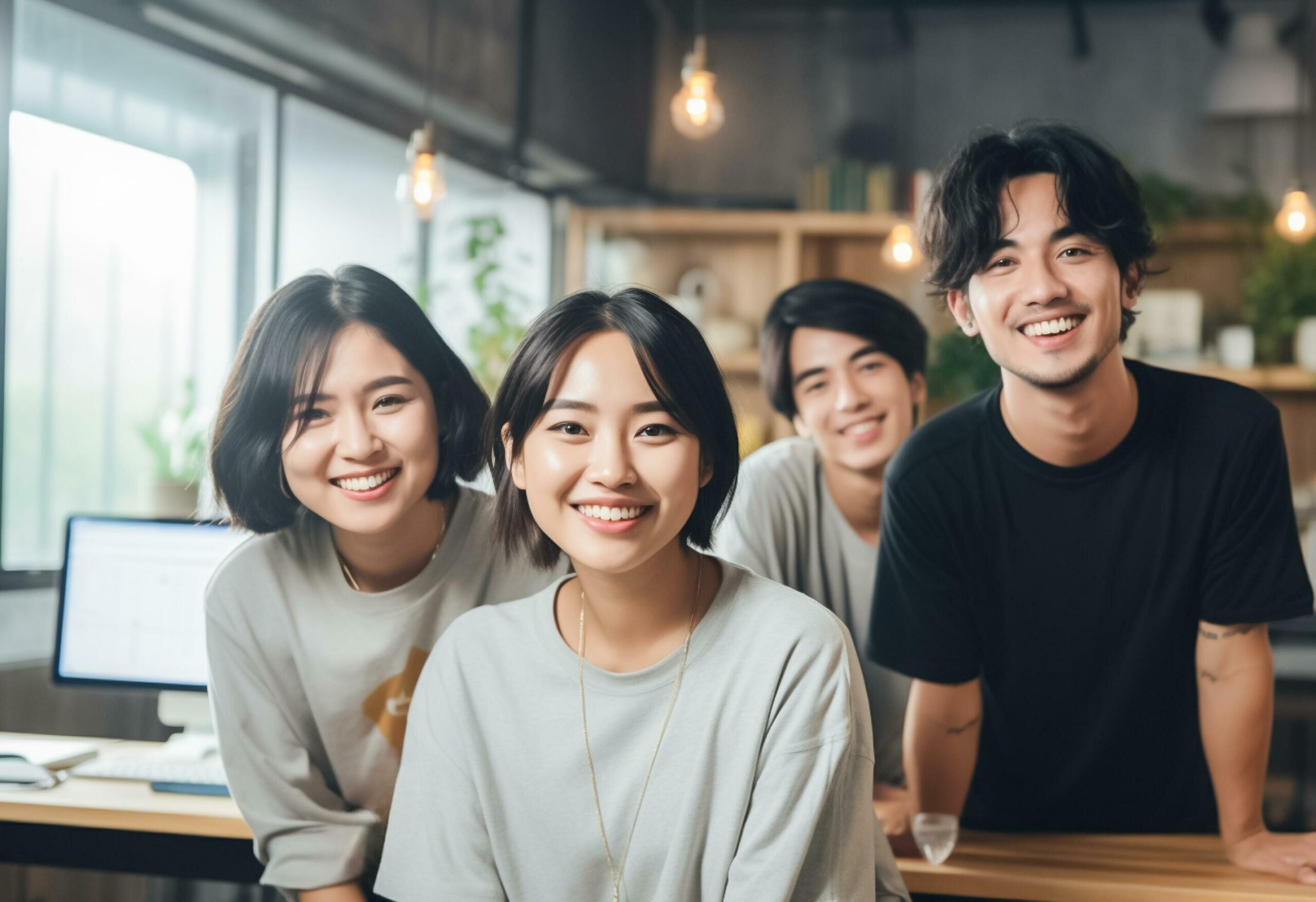 Asian group of friends smiling posing for photo. with coffeeshop background. AI Generated Free Photo