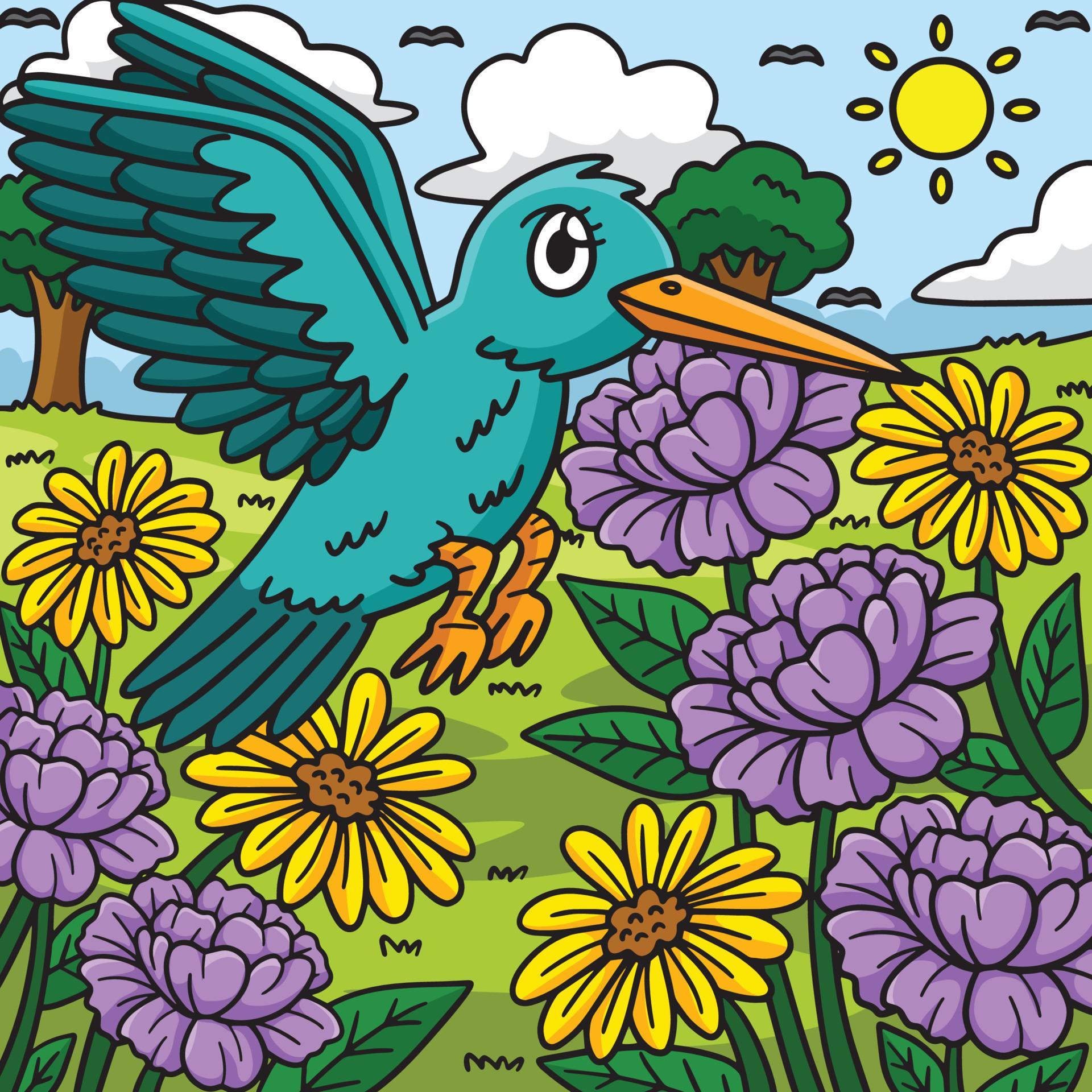 Spring Bird Over Flowers Colored Illustration Stock Free