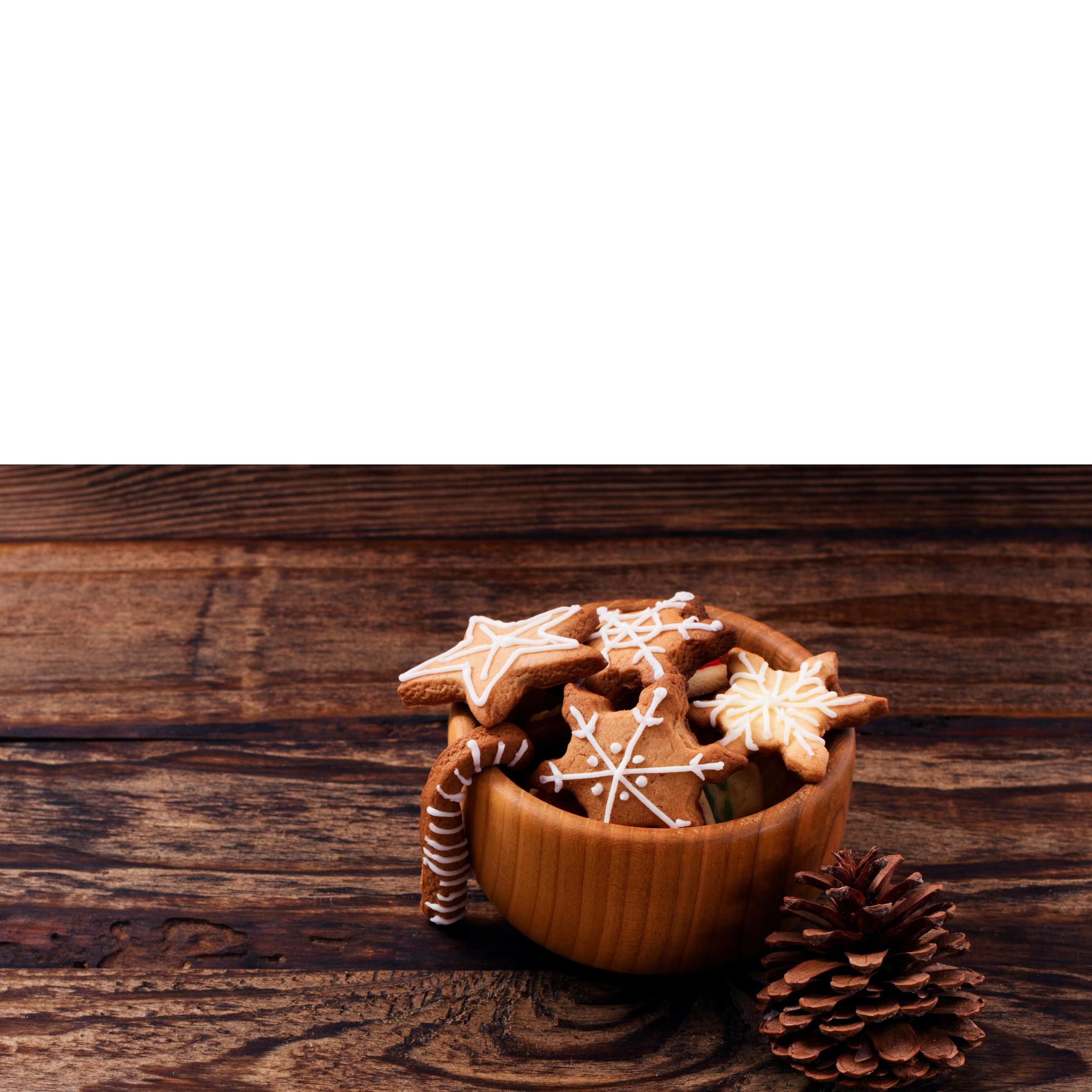 Knar and christmas food sweet cookies on wooden table isolated on white background. Copy space. Selective focus. Happy new year concept. Stock Free