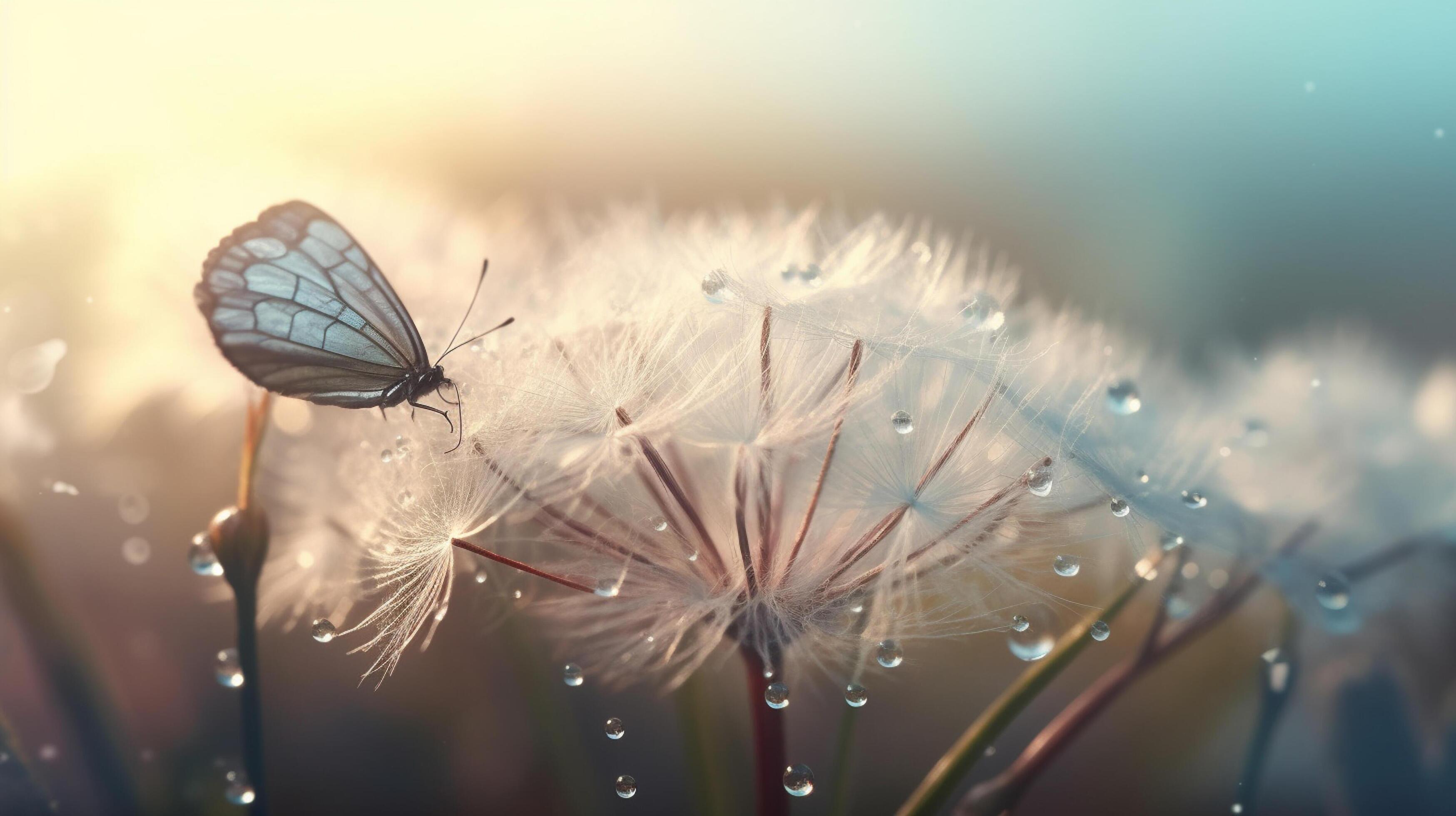 Butterfly on dandelion flower in the morning dew Stock Free