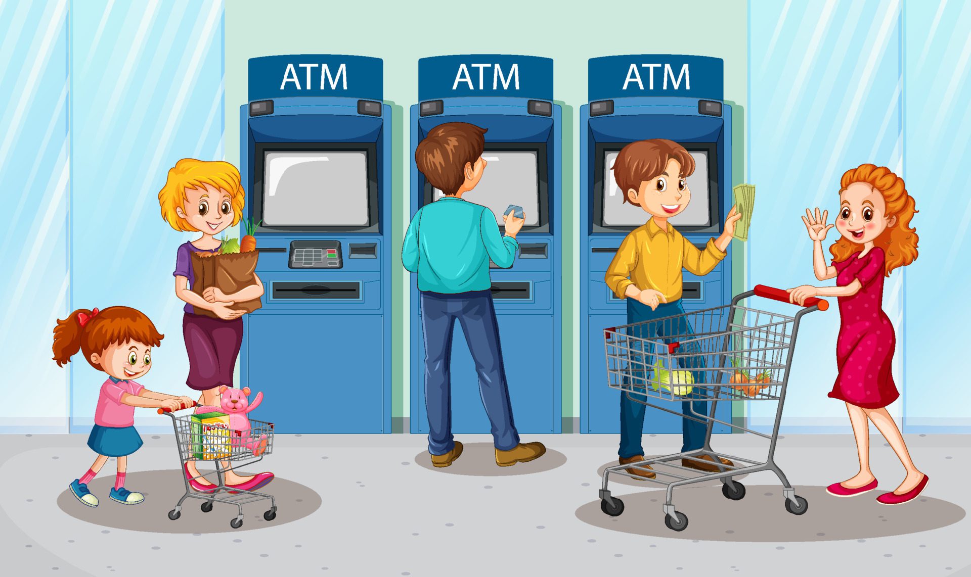 ATM machine scene with people Free Vector