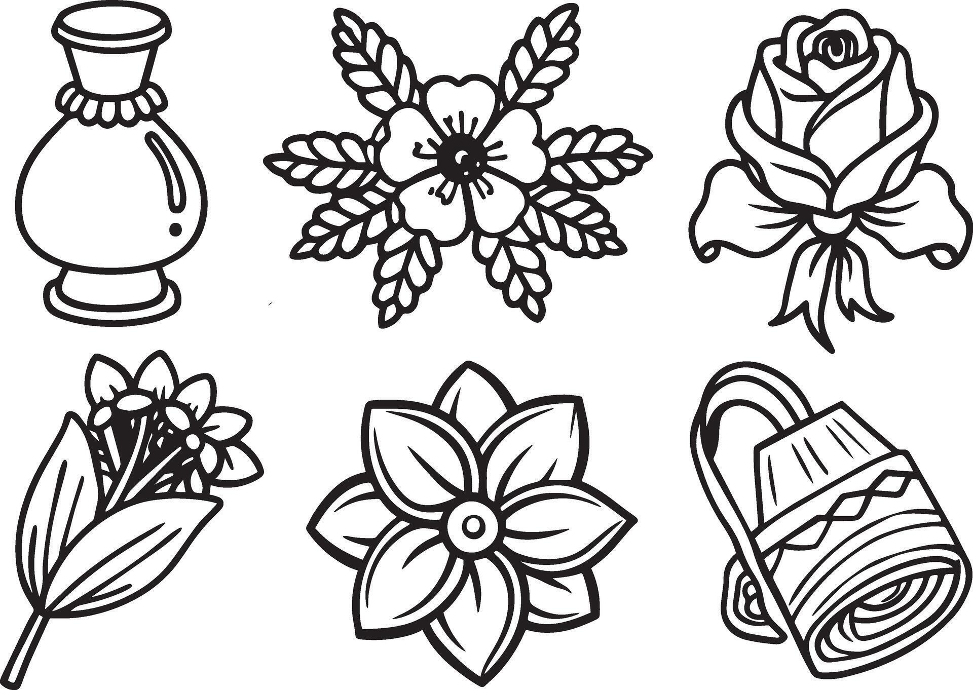 set of hand drawn doodle flowers, leaves and vase. Stock Free