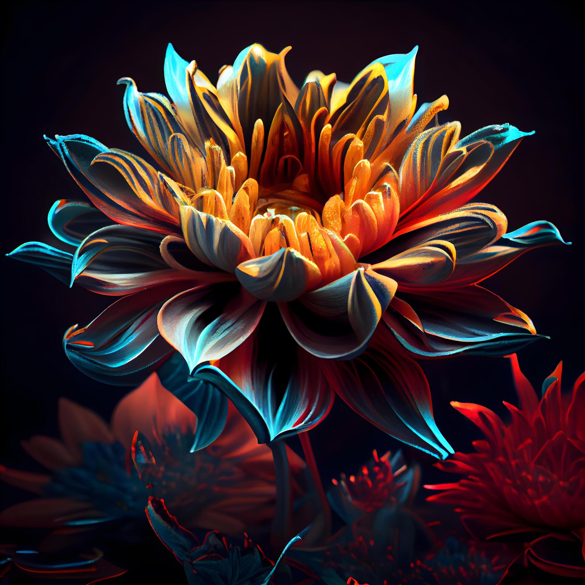 colorful dahlia flower on a black background. 3d illustration Stock Free