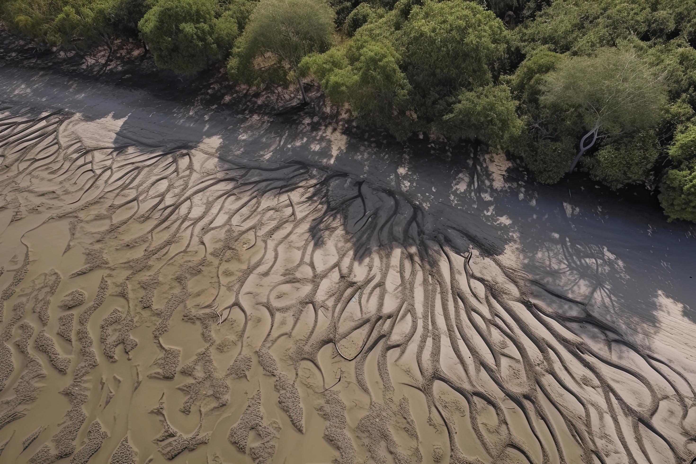 Aerial view of natural patterns in the sand at low tide near mangrove tree forest. Stock Free