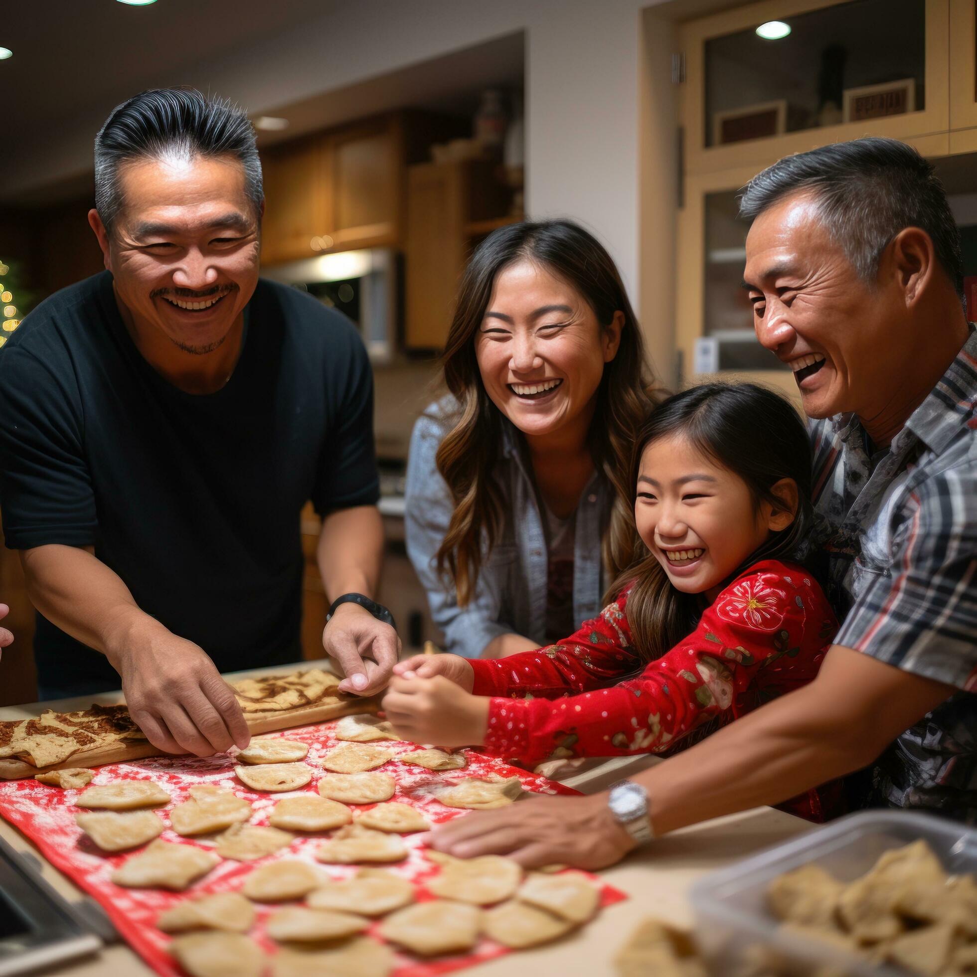 Family bonding over rolling out dough and using cookie cutters Stock Free