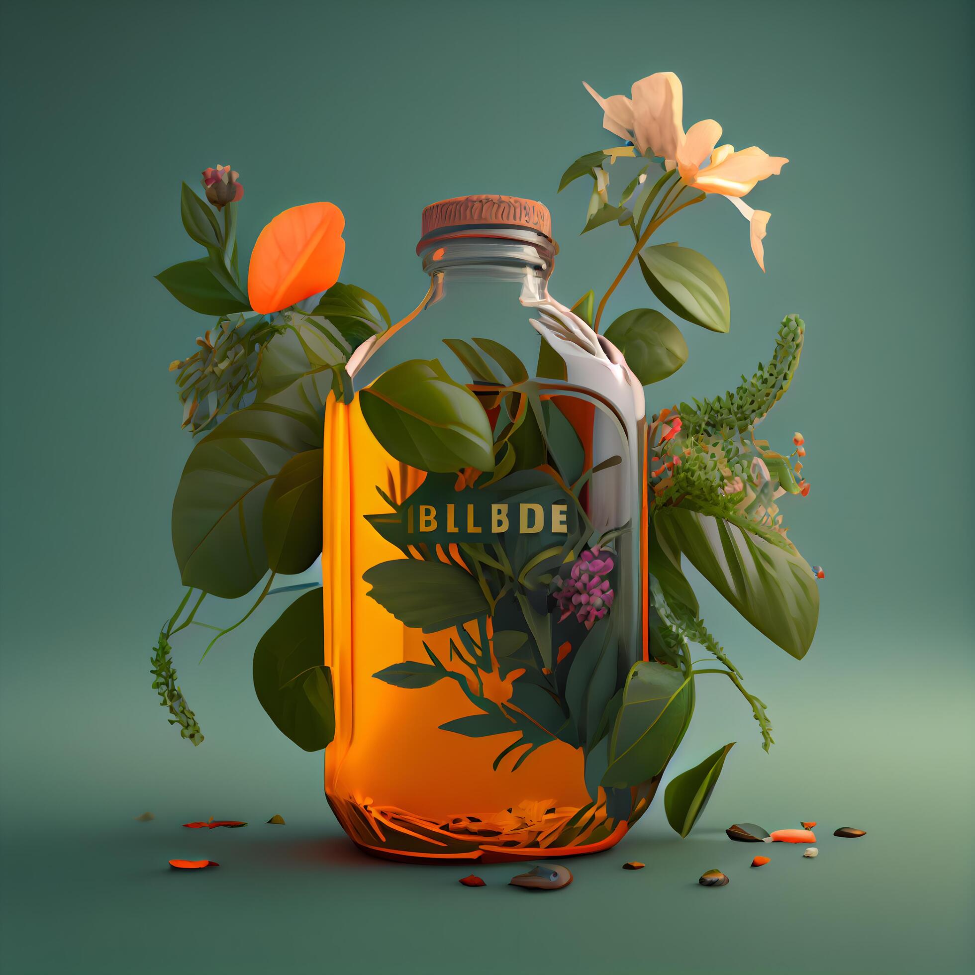 Alcoholic drink in a glass bottle with flowers and leaves. illustration., Image Stock Free