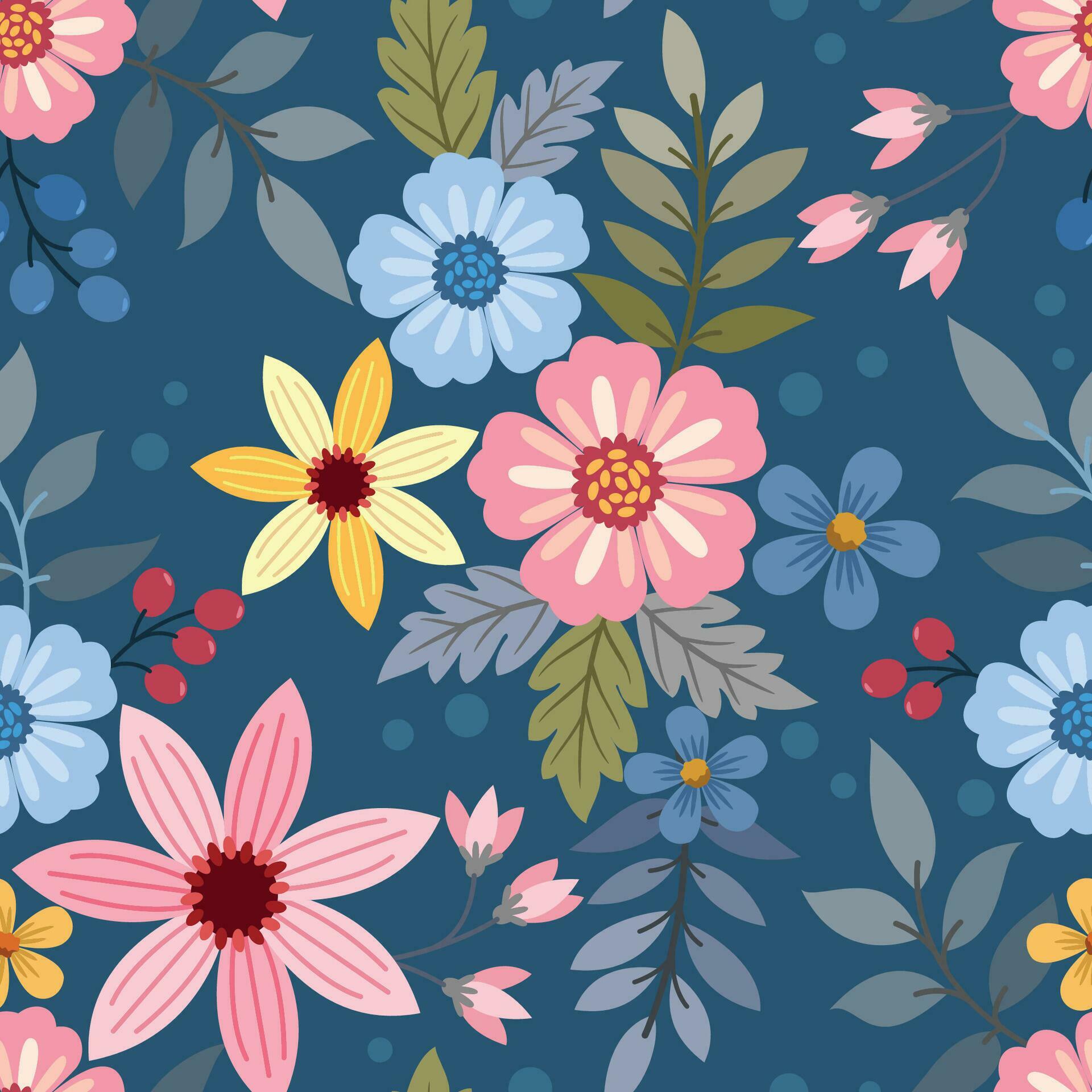 Colorful hand draw flowers on blue color background seamless pattern Stock Free