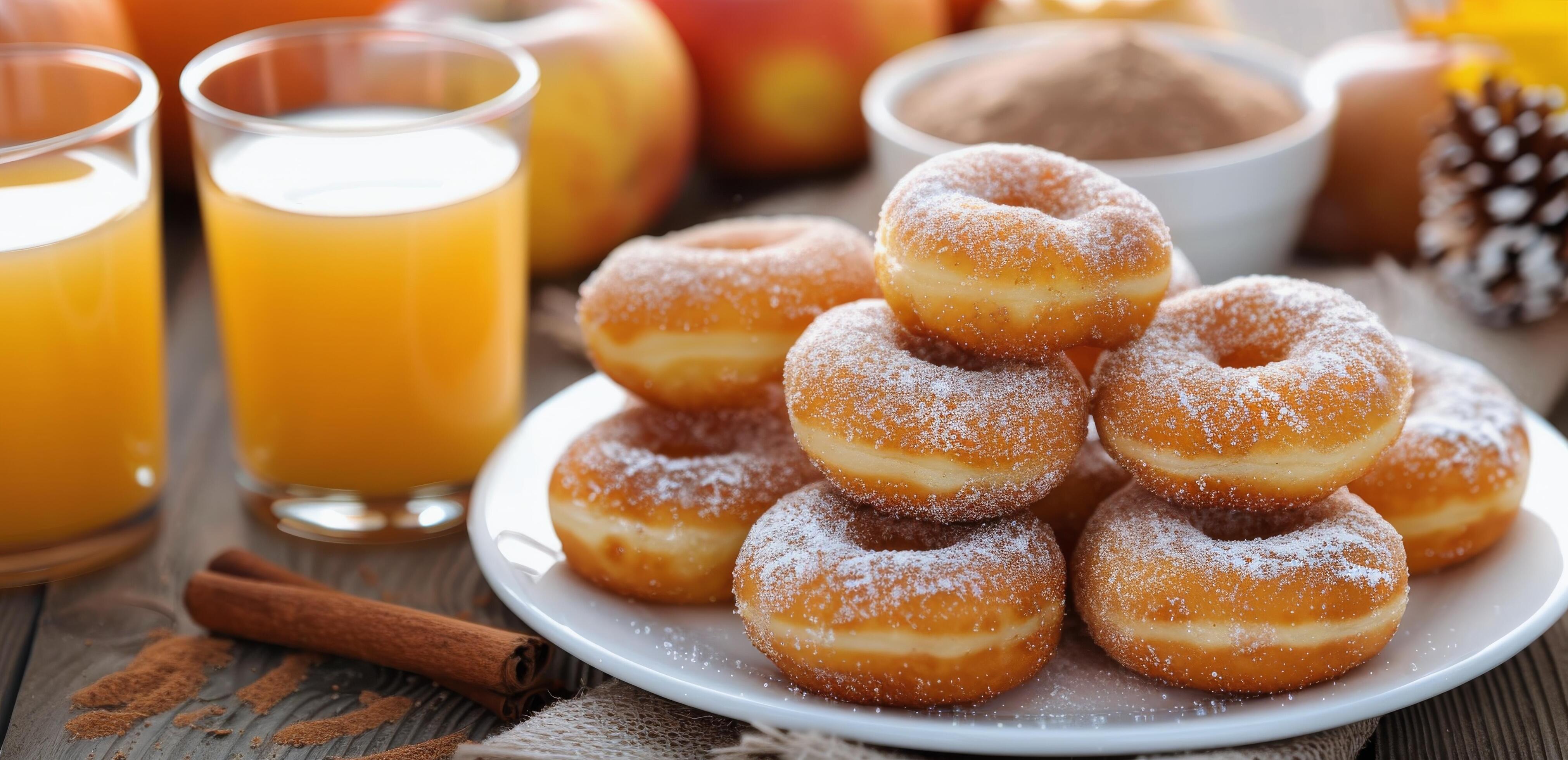 Freshly Baked Cinnamon Sugar Donuts With Juicy Apples and Refreshing Juice in Morning Light Stock Free