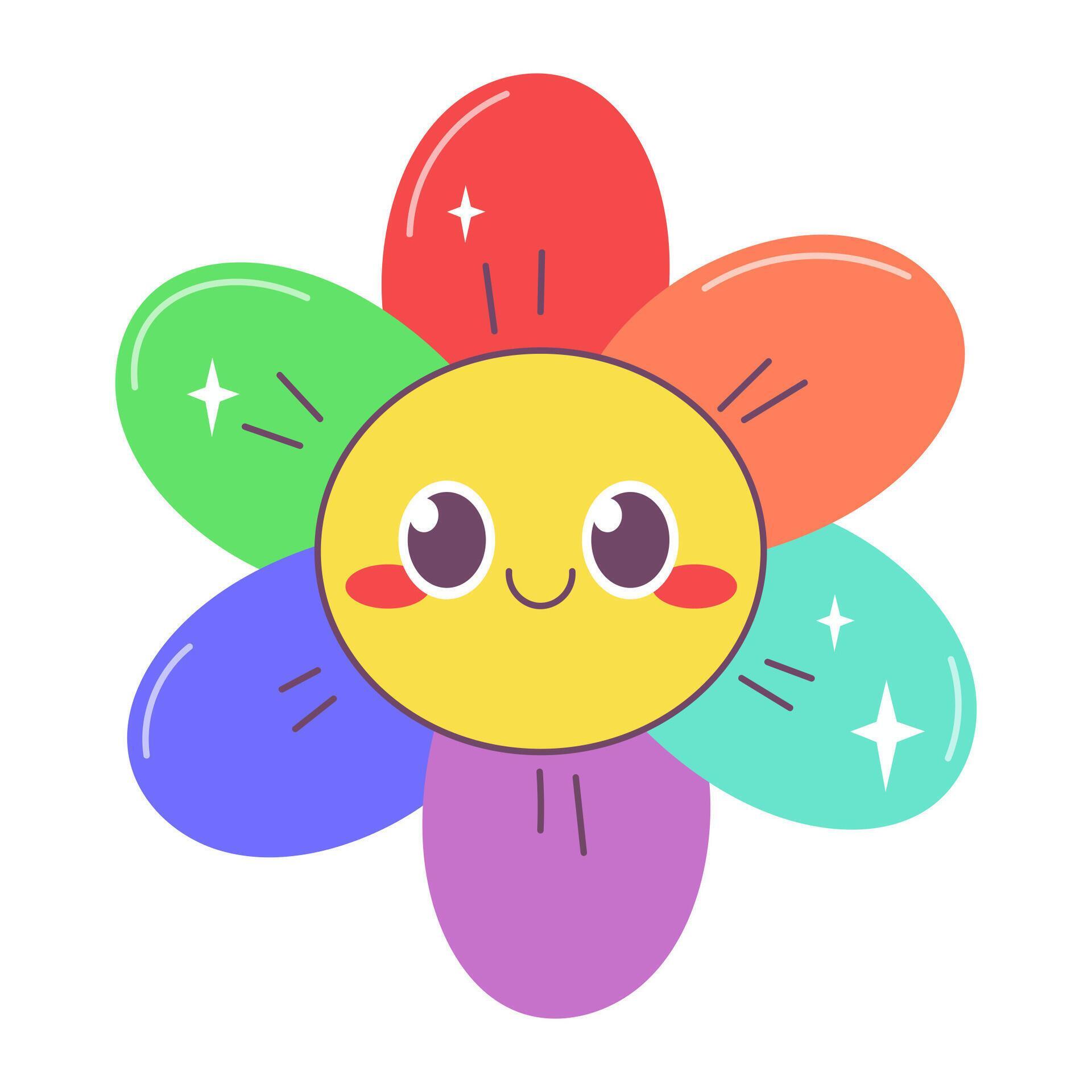 Cute rainbow flower with seven petals and big eyes. Vector illustration of isolated object Stock Free