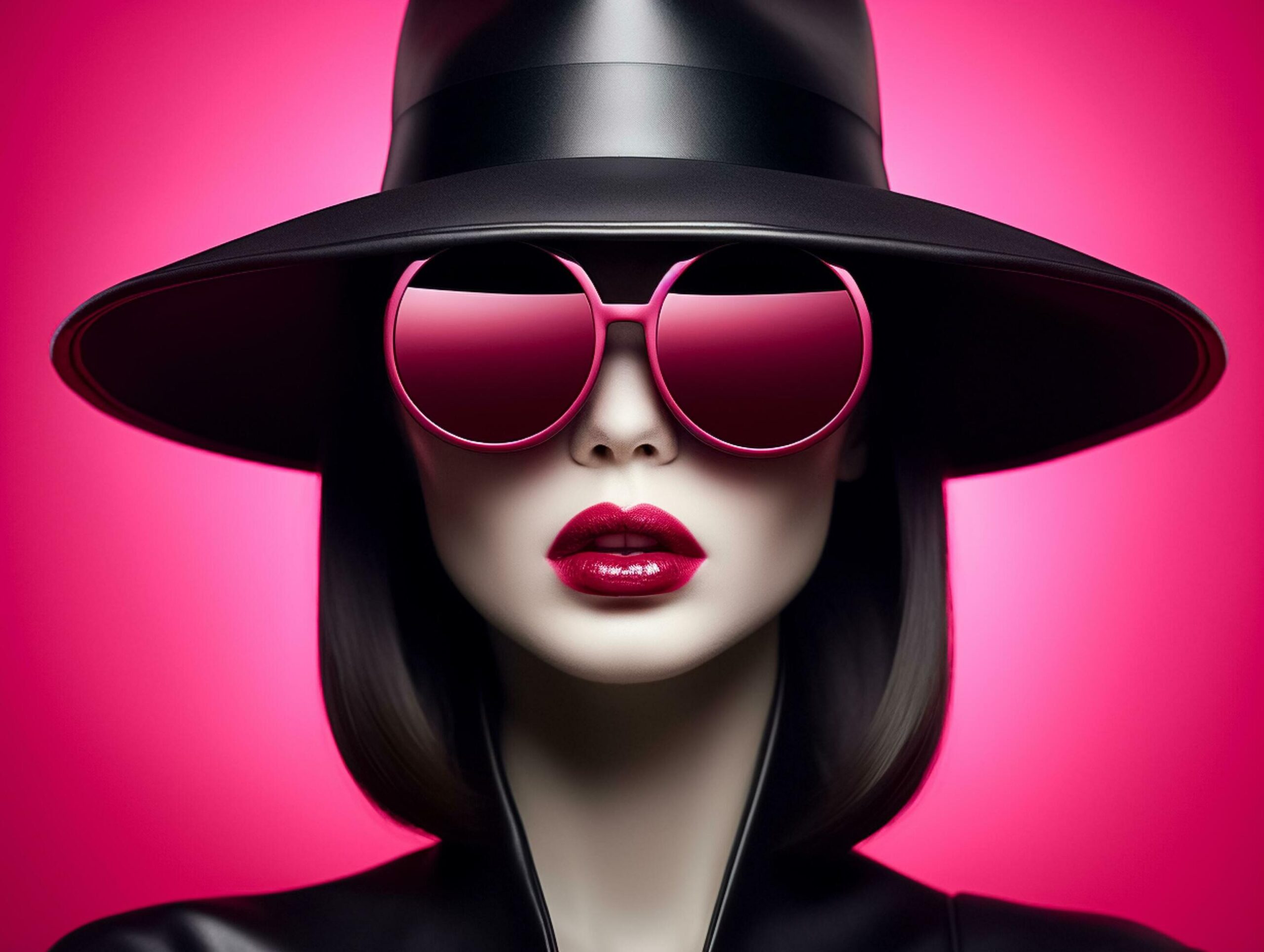 Photo portrait of woman model is wearing sunglasses and hat on pink background AI Generated Free Photo