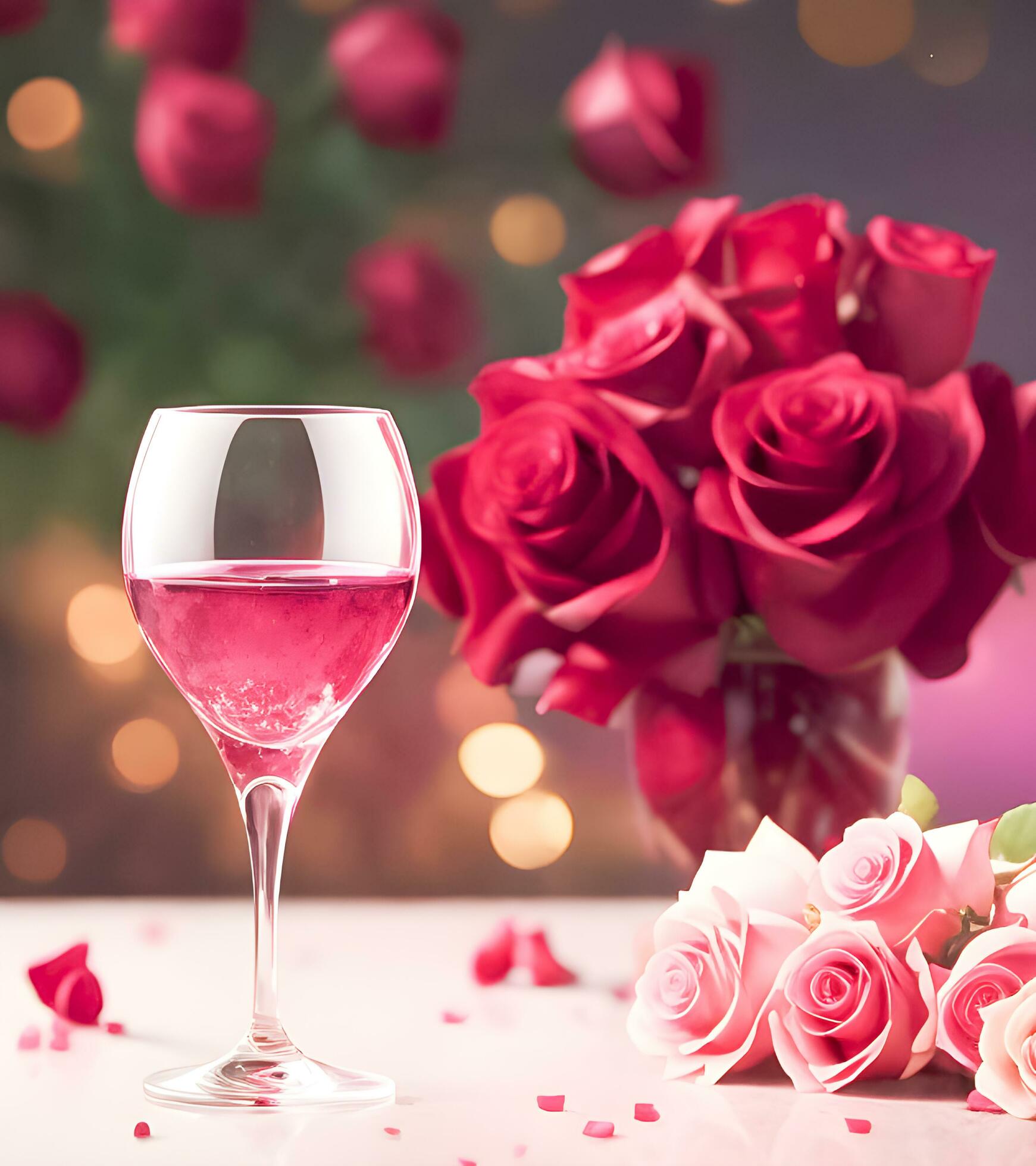 Roses and wine glasses on the table For celebrating Valentine’s Day Free Photo