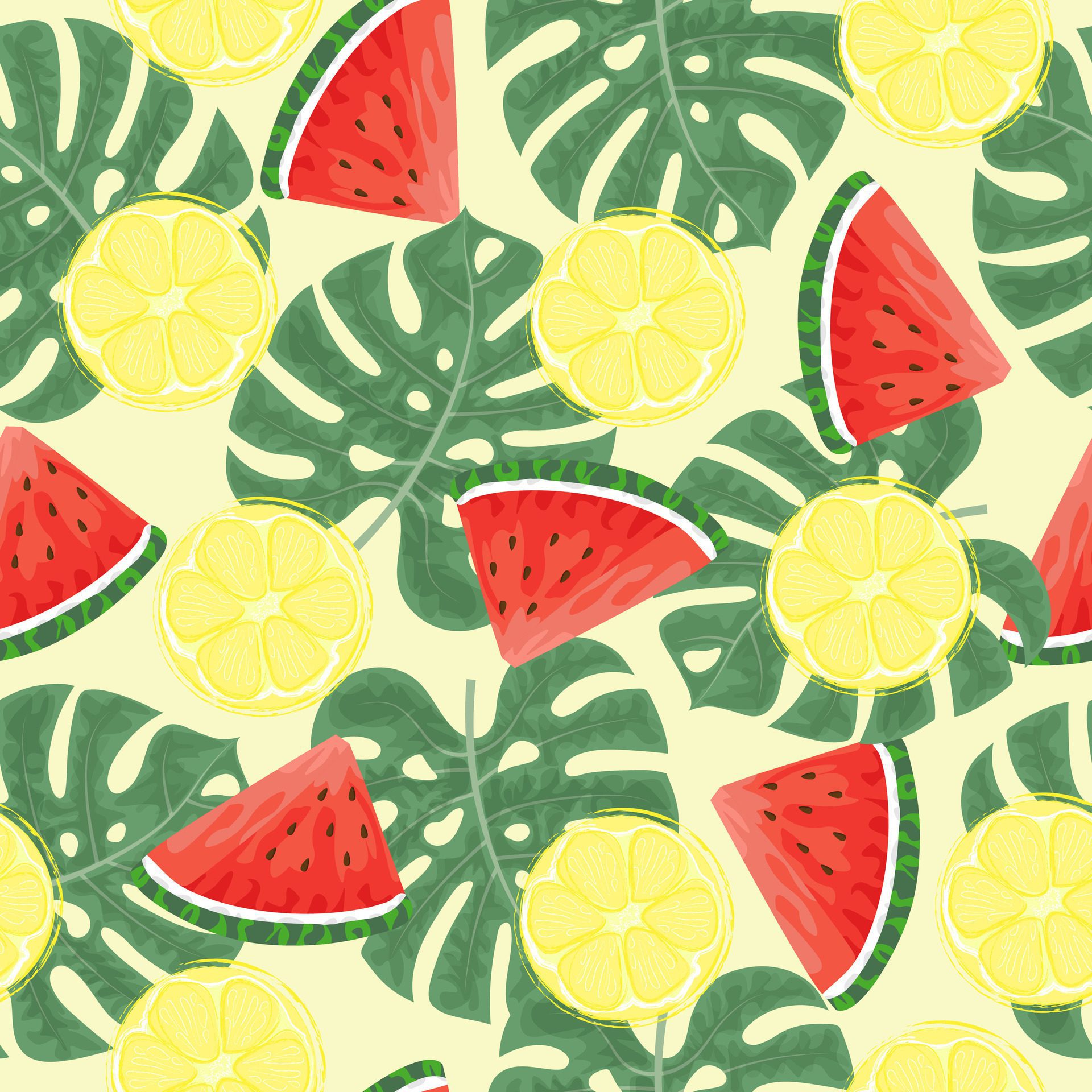 Seamless pattern with hand drawn watermelon, lemon slace and tropical monstera leaves on yellow background. Free Vector