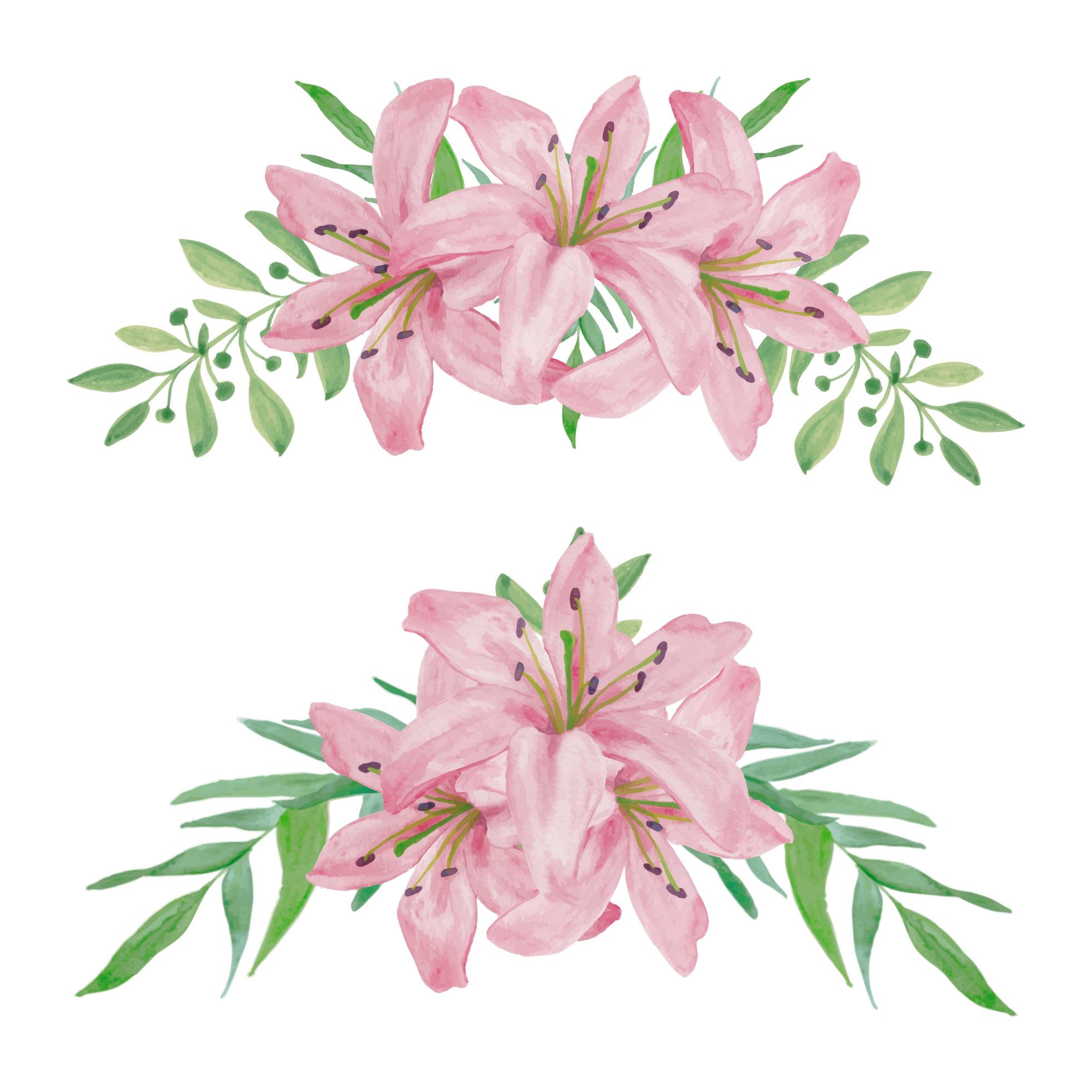 Hand painted watercolor pink lily curved flower arrangement set Stock Free