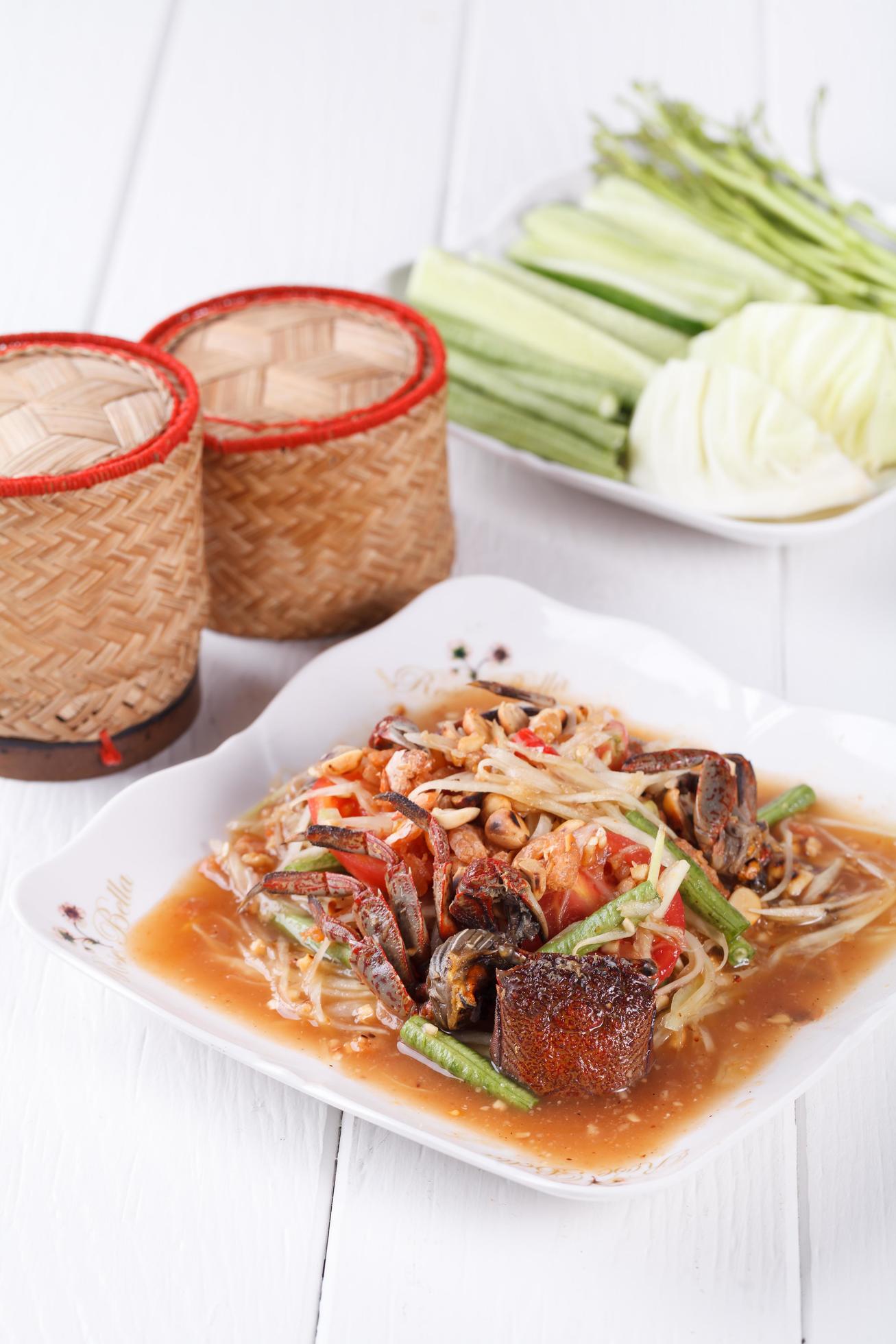 Somtum, papaya salad delicious food in thailand Stock Free