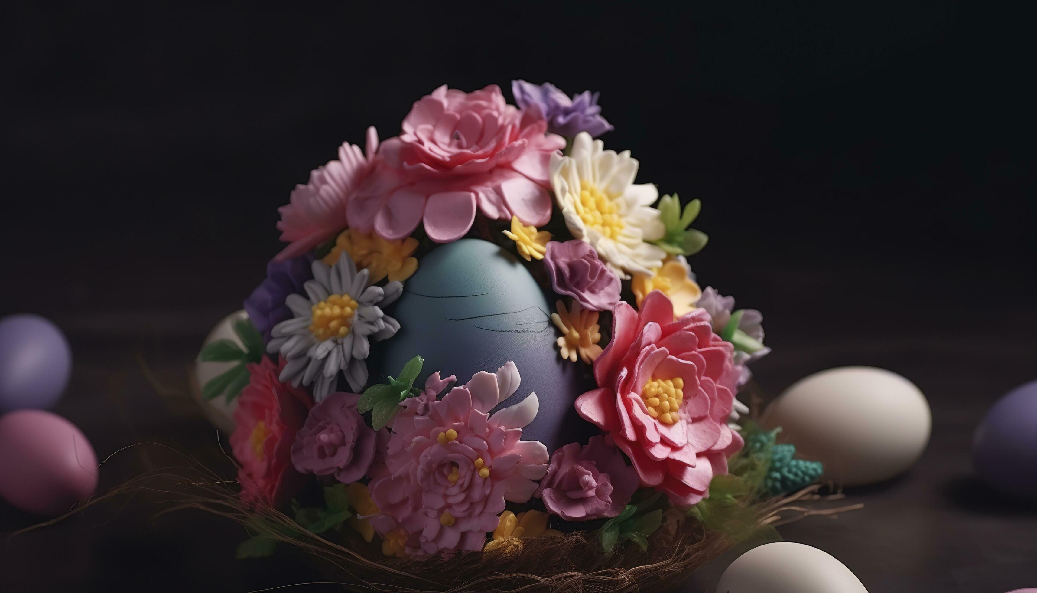 Easter Egg Decoration With Flower Bouquet, generate ai Stock Free