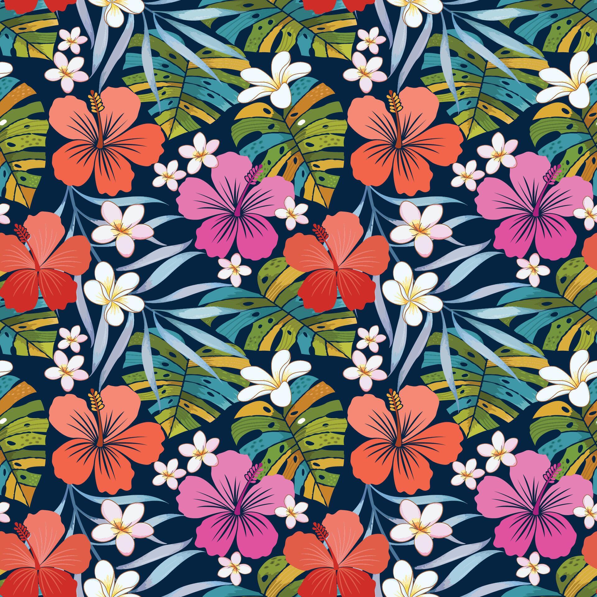 Colorful tropical flowers and leaf seamless pattern. Stock Free