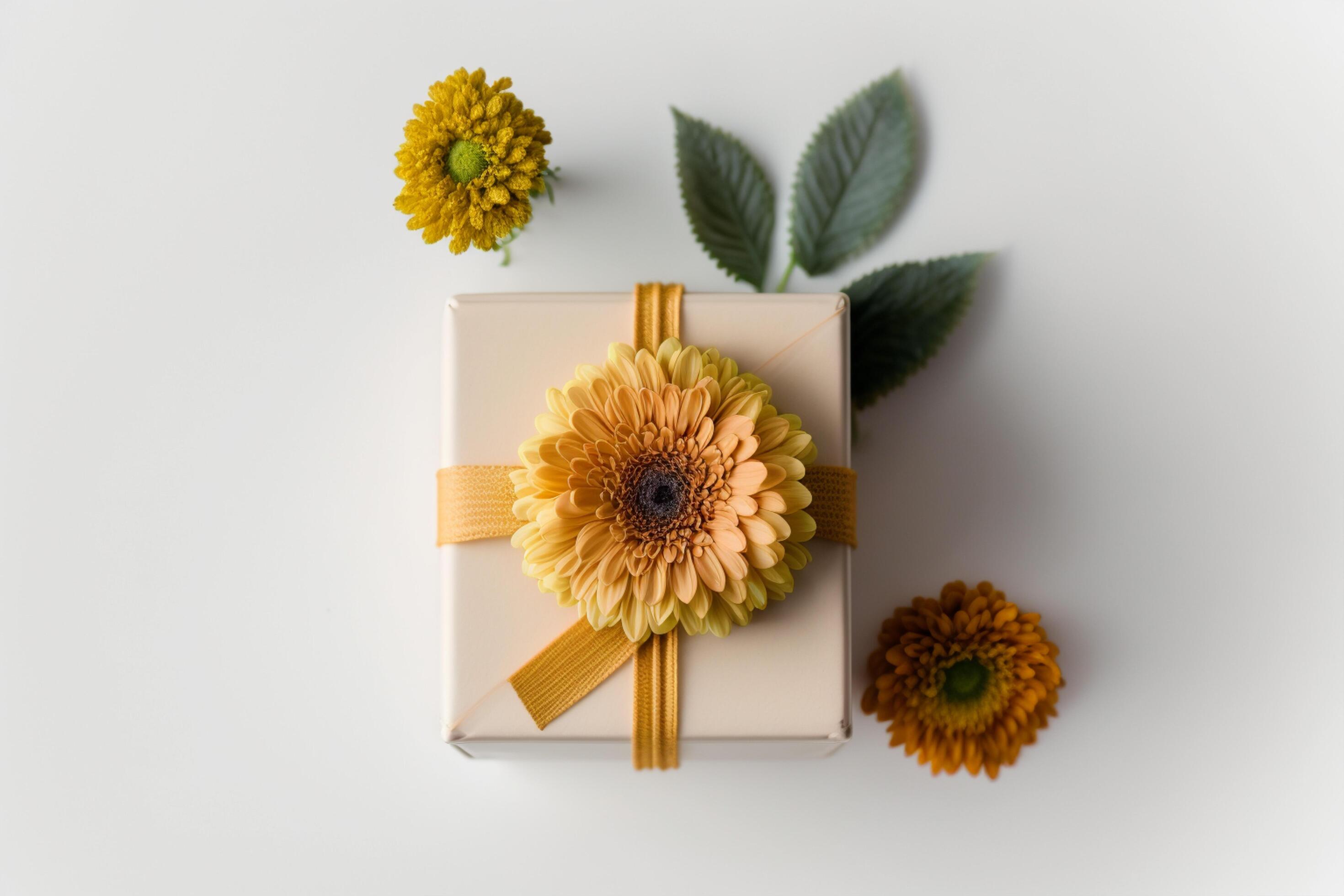 Gift Box Wrapped In Kraft Paper And Fresh Flowers, Stock Free