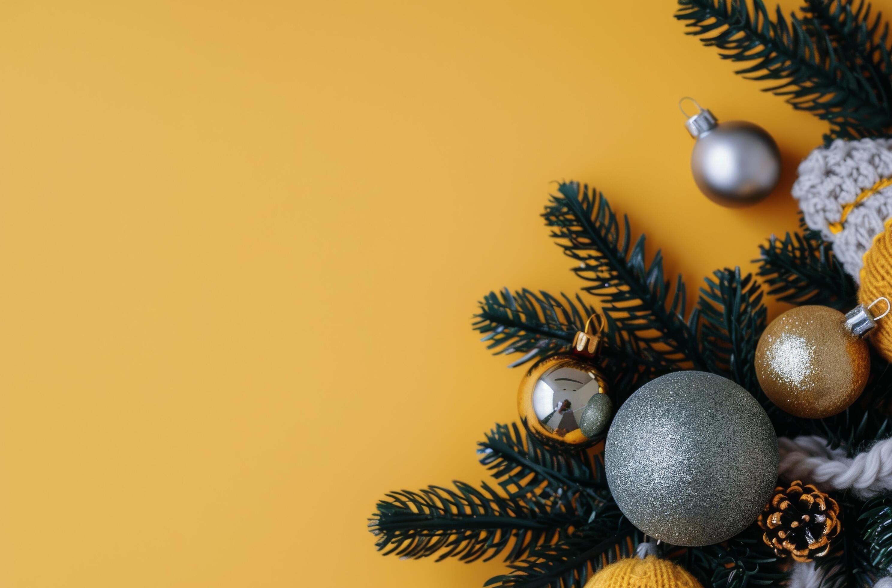 Pine Branch With Ornaments on Yellow Background Stock Free