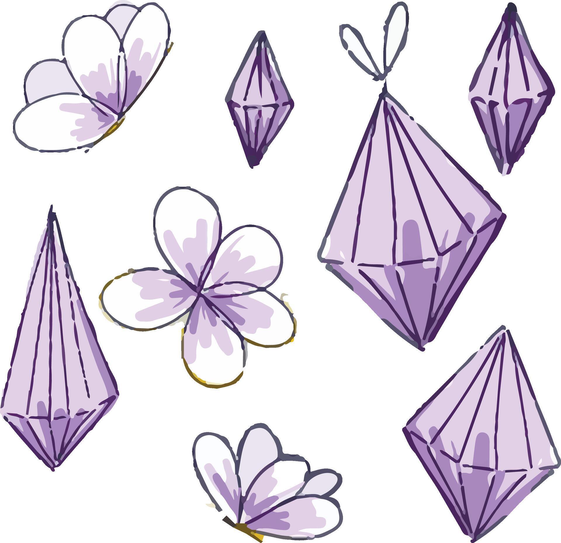 
									Hand drawing crystals and flowers isolated on white vector Stock Free