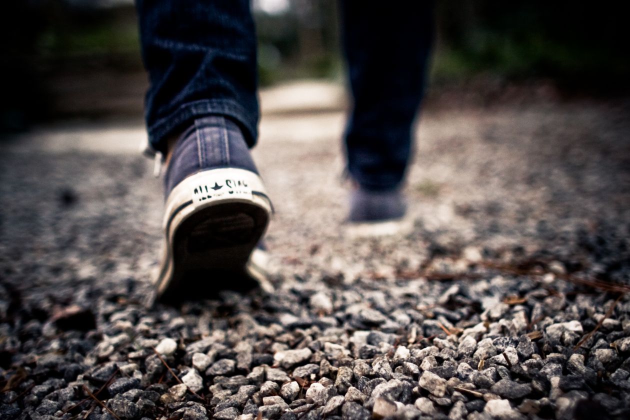 Shoes Walking Feet Grey Gravel Blue Jeans Stock Free