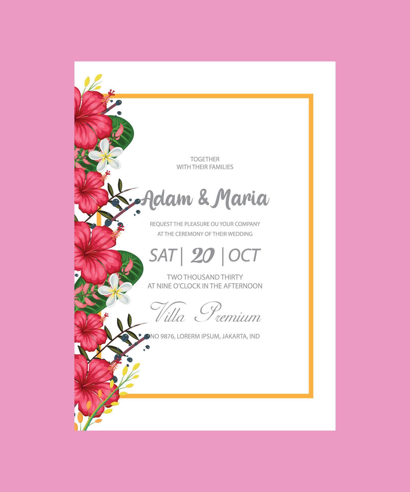 Wedding invitation card with pink flower vectors Stock Free