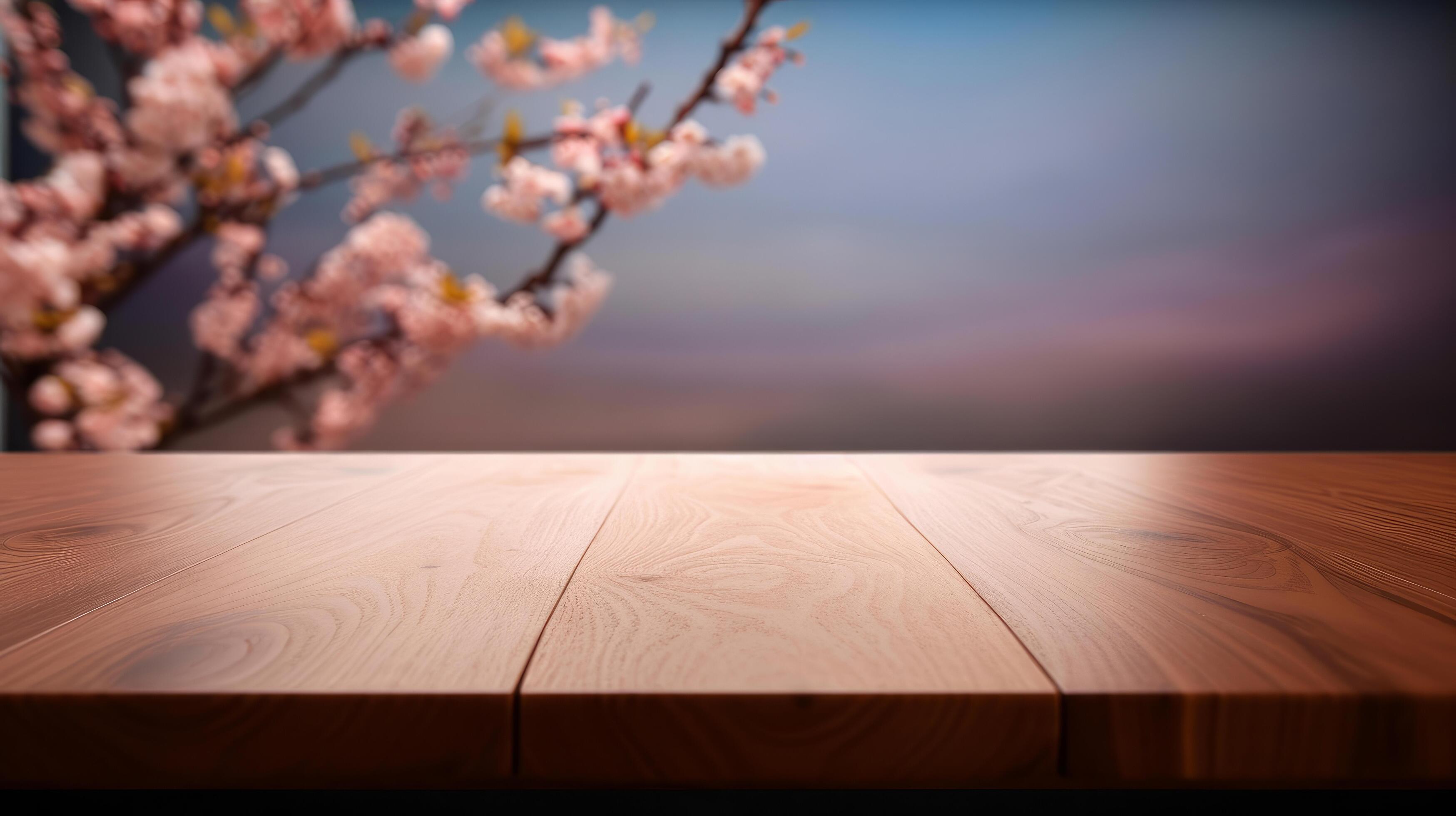 Empty wooden table with sakura flowers. Illustration Stock Free