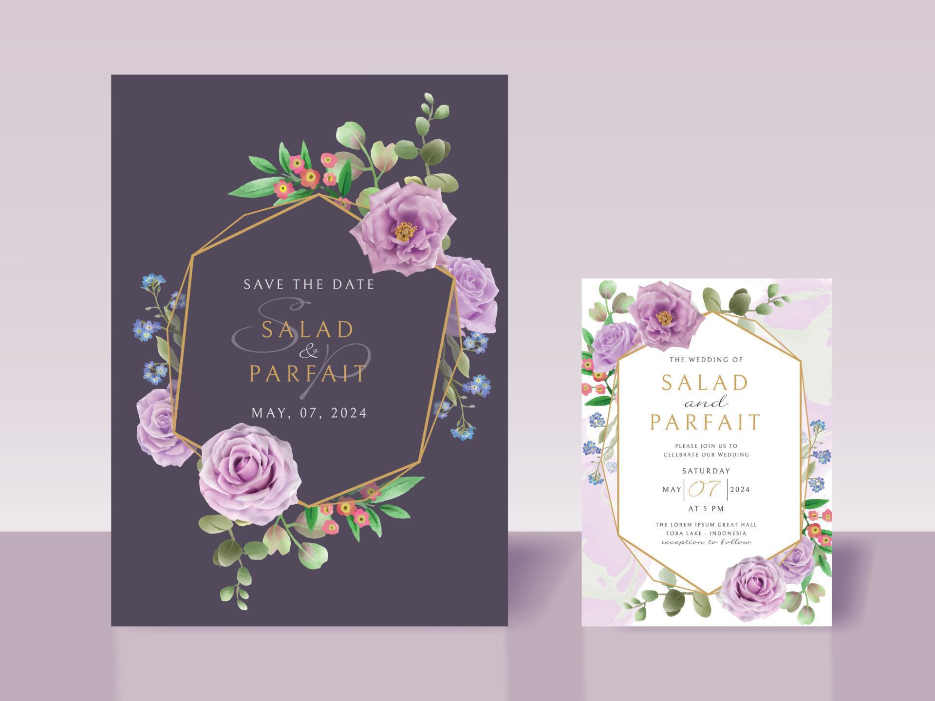 Wedding invitation card template with purple flowers Stock Free