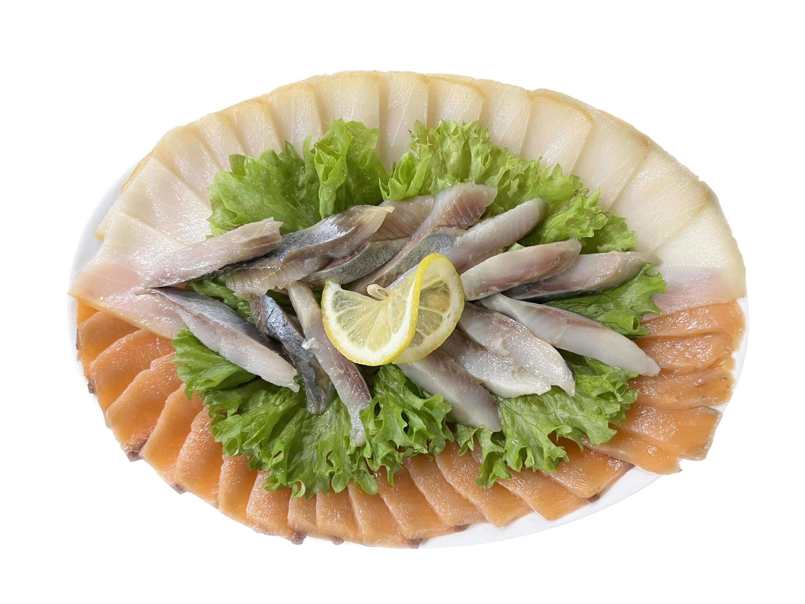 fish sliced plate flat lay. fish cutting isolate. fish dish for dinner. healthy food Stock Free