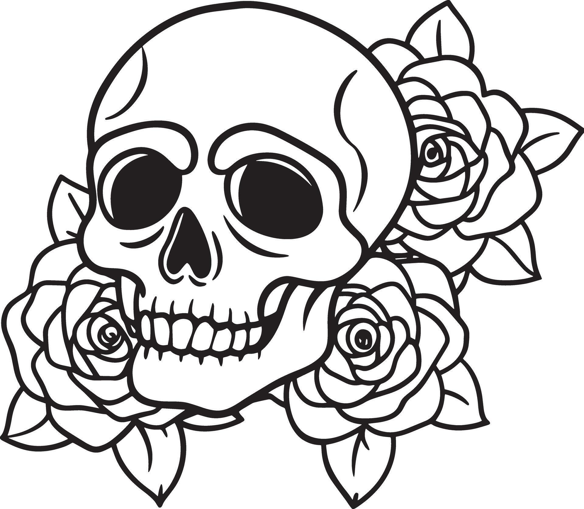 skull with rose flowers line art black and white illustration Stock Free