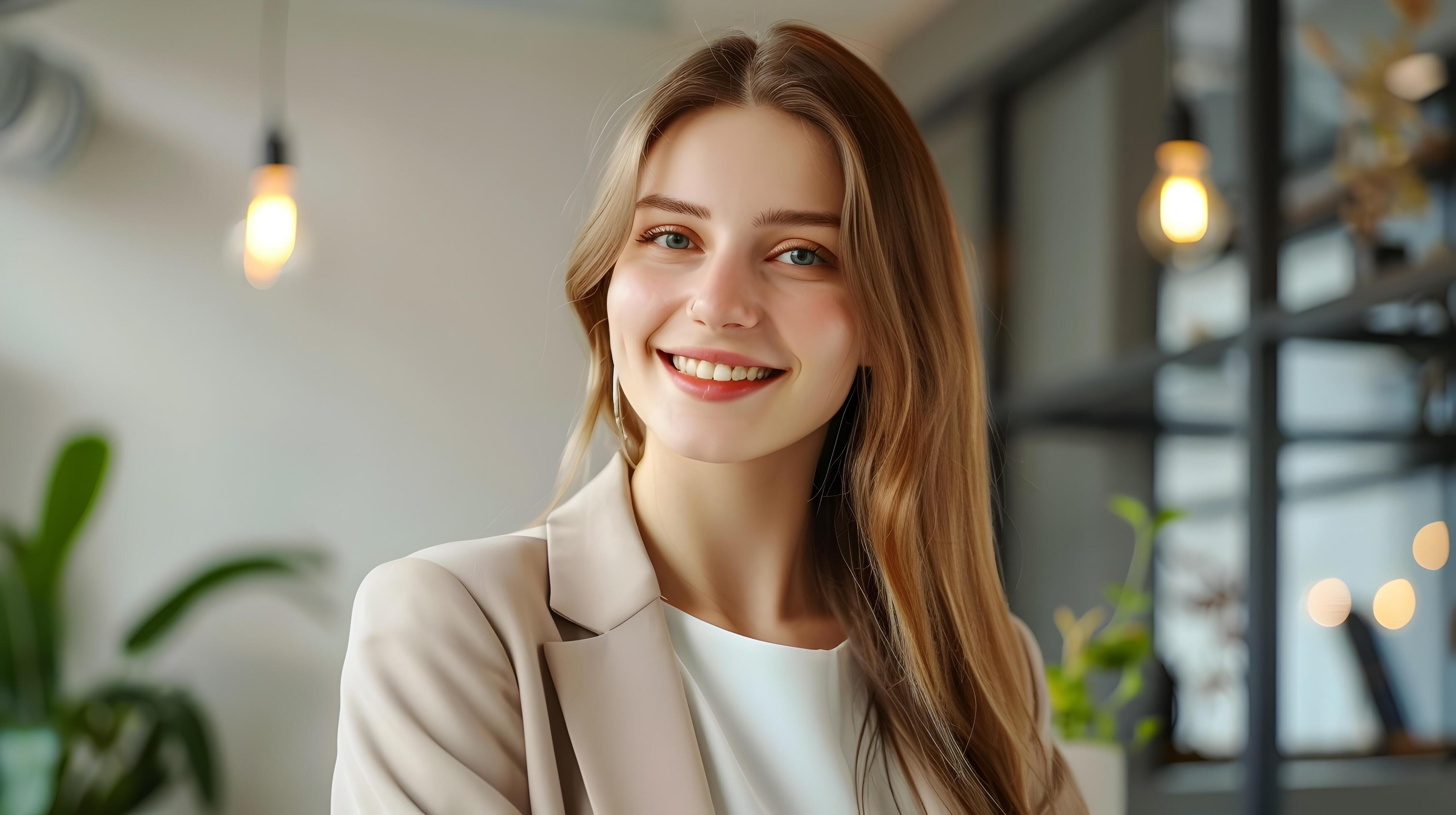 Smiling Young Office Professional in Casual Workplace Setting Stock Free