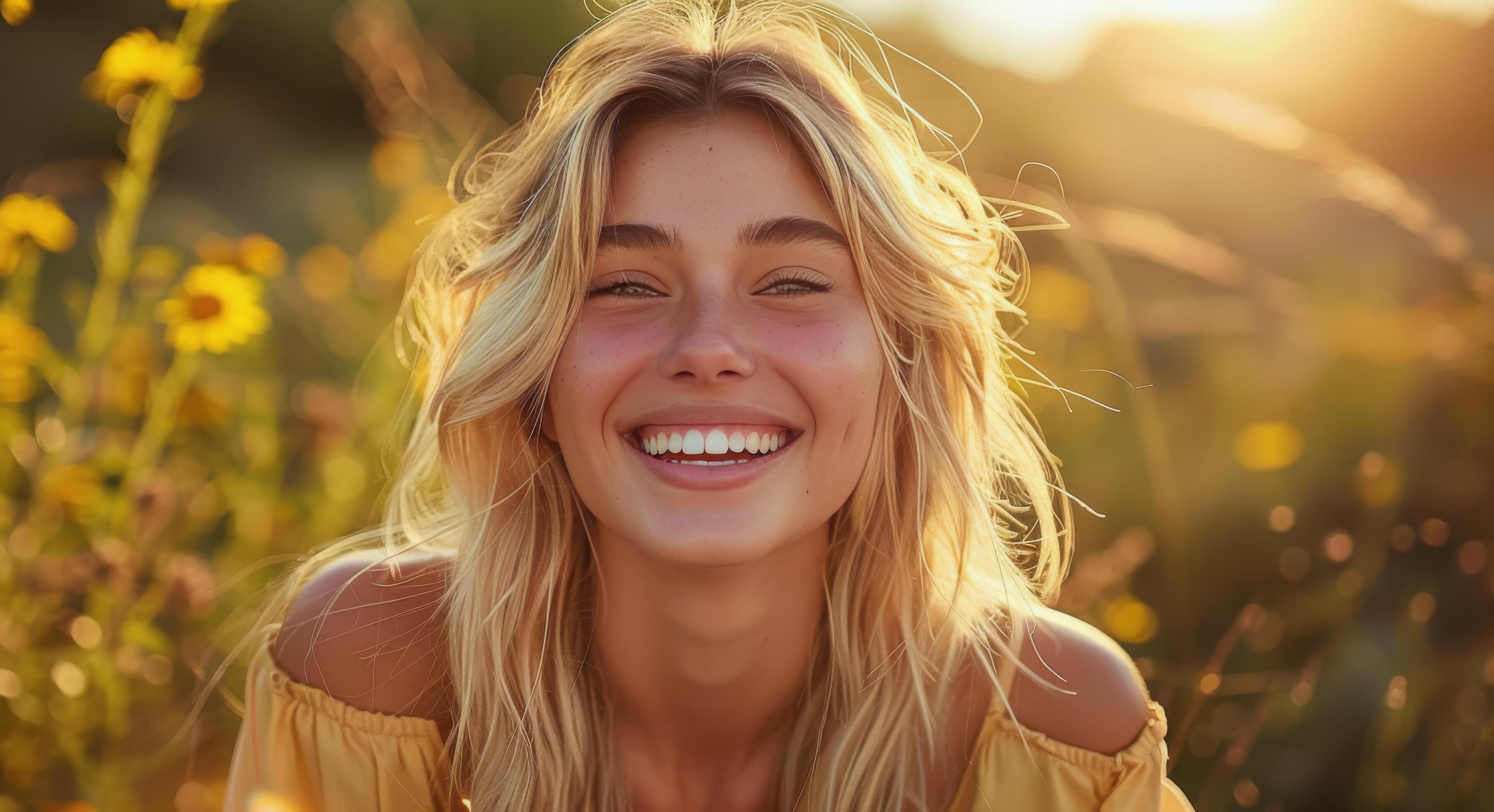 Happy Woman With Blonde Hair Smiling in Front of Yellow Wall Stock Free