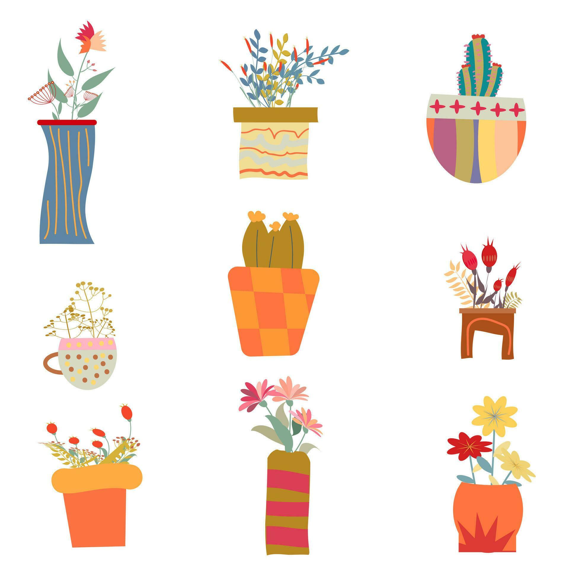 Set of colorful Flowerpots and houseplant flowers in pots isolated on white background. vector illustration eps10 Stock Free