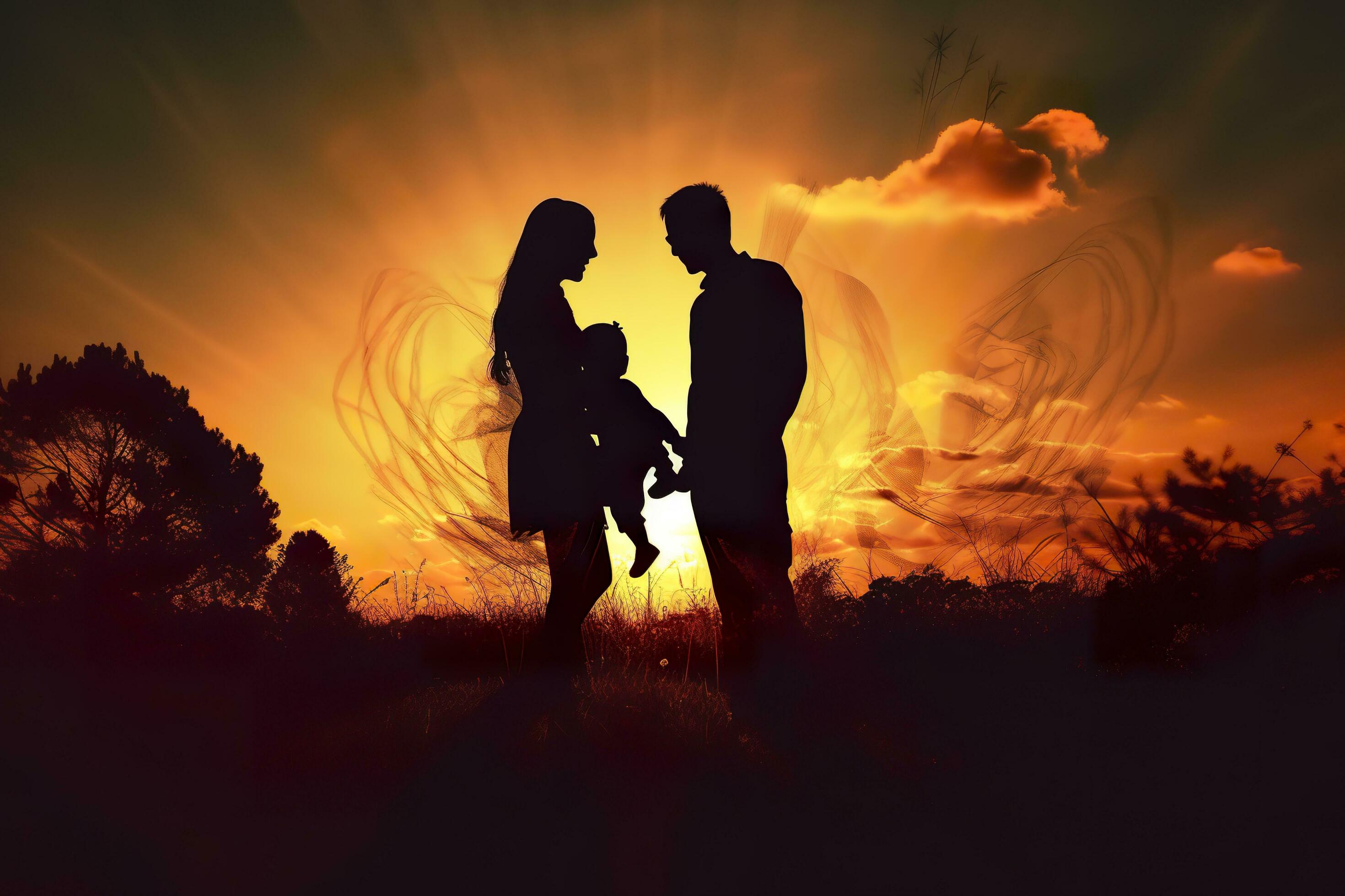 Shadow of Happy family together, parents with their little baby at sunset. A Silhouette of Love and Unity. AI Generative Stock Free