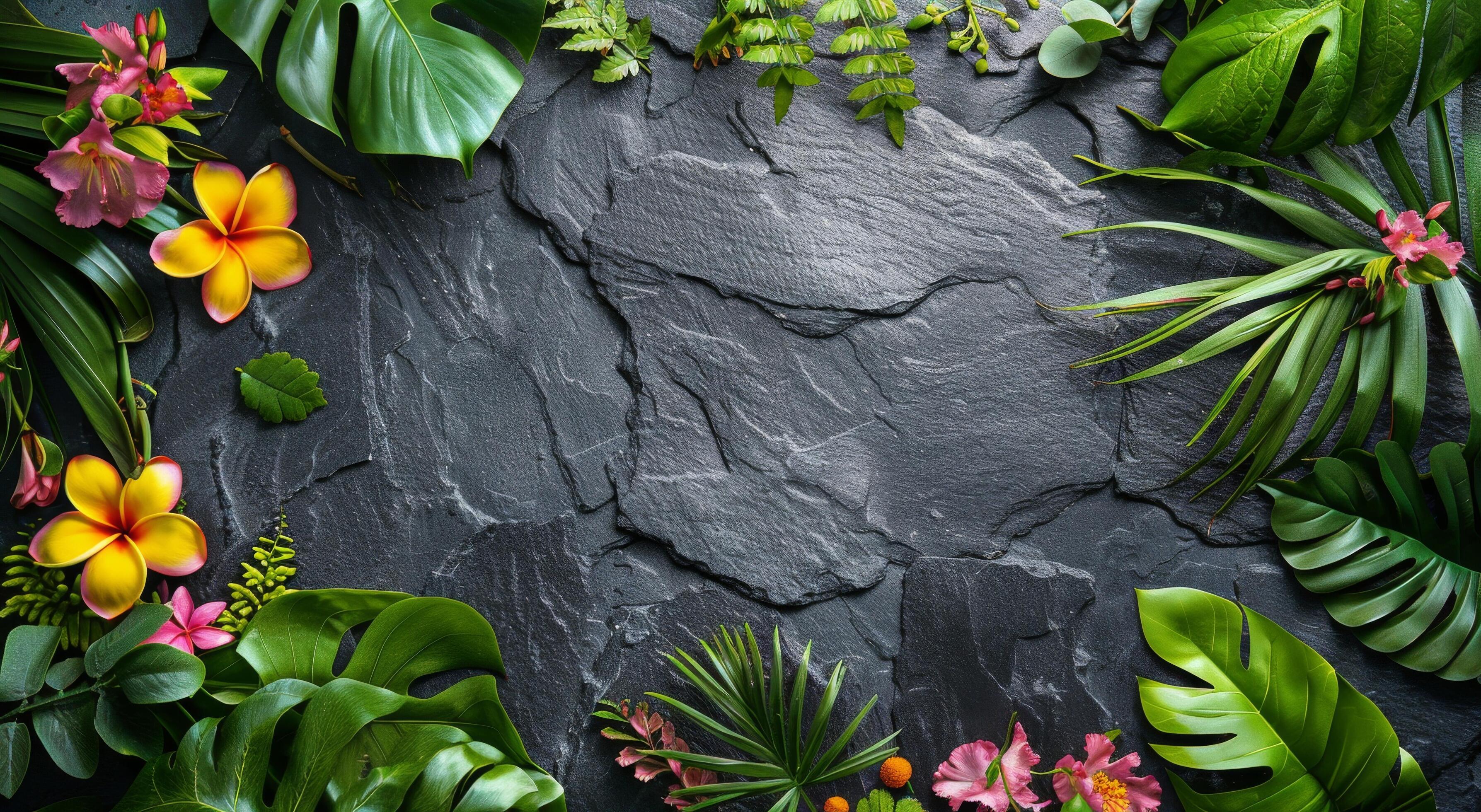 Tropical Flowers and Foliage Arranged on a Black Slate Background Stock Free