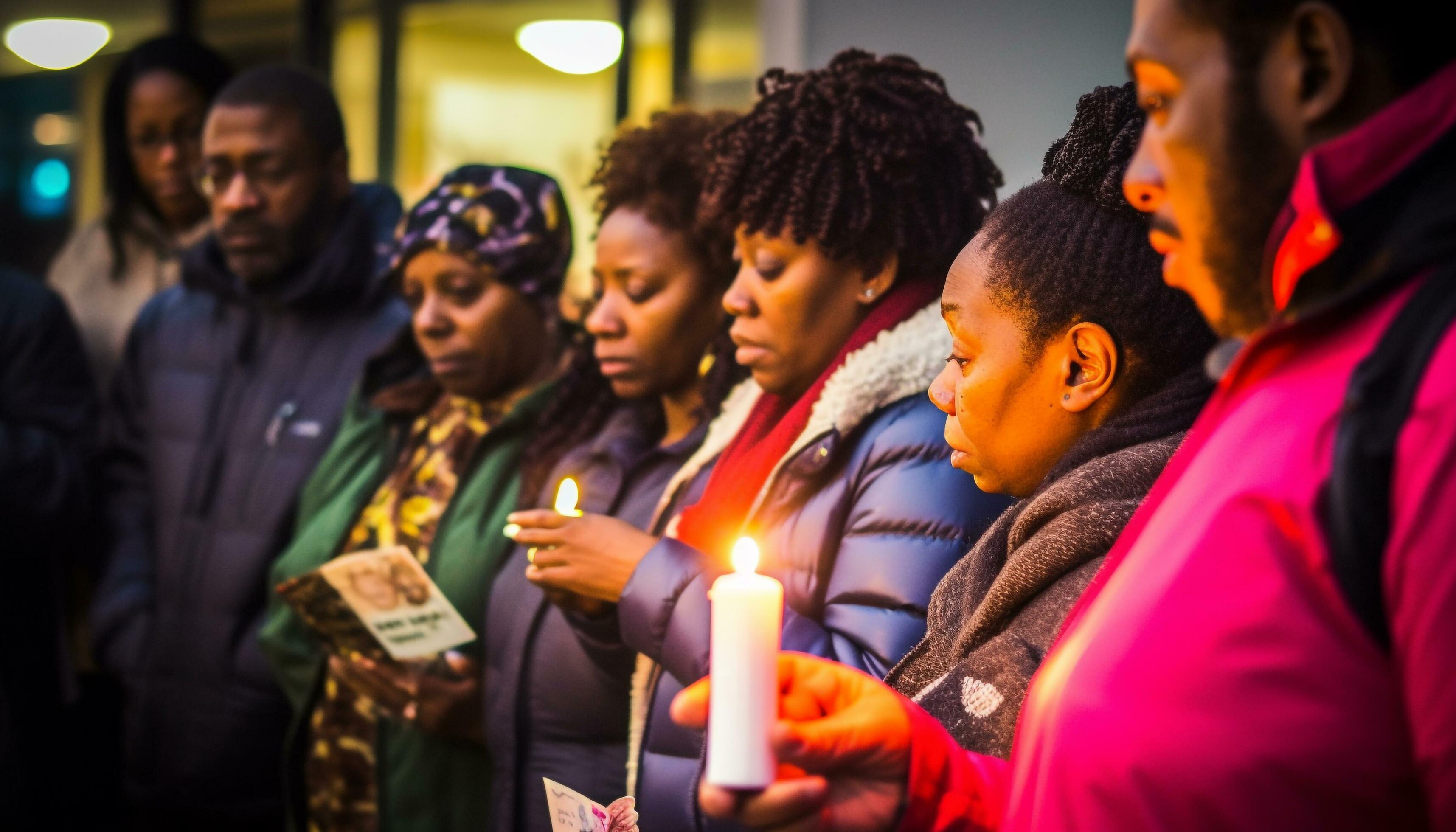 African American family celebrates Christmas with candlelight, love, and togetherness generated by AI Stock Free