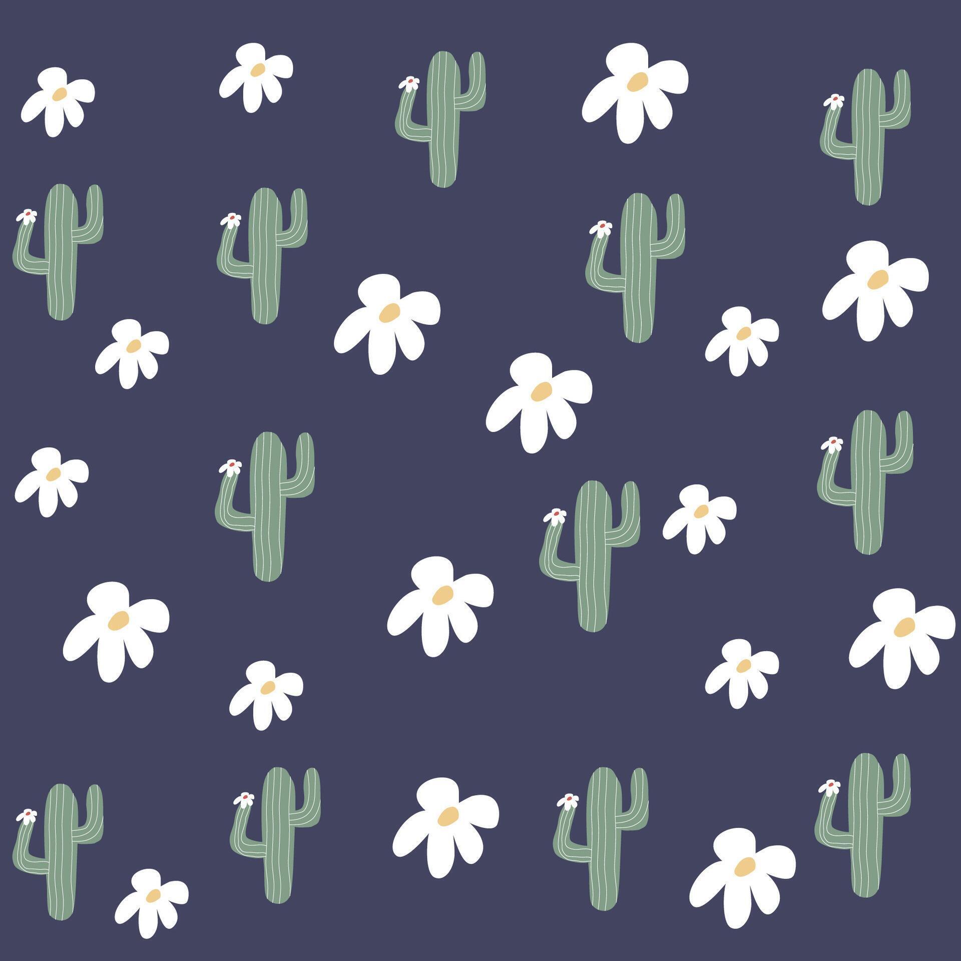 Hand drawn cactus and white flowers pattern on dark blue background Stock Free