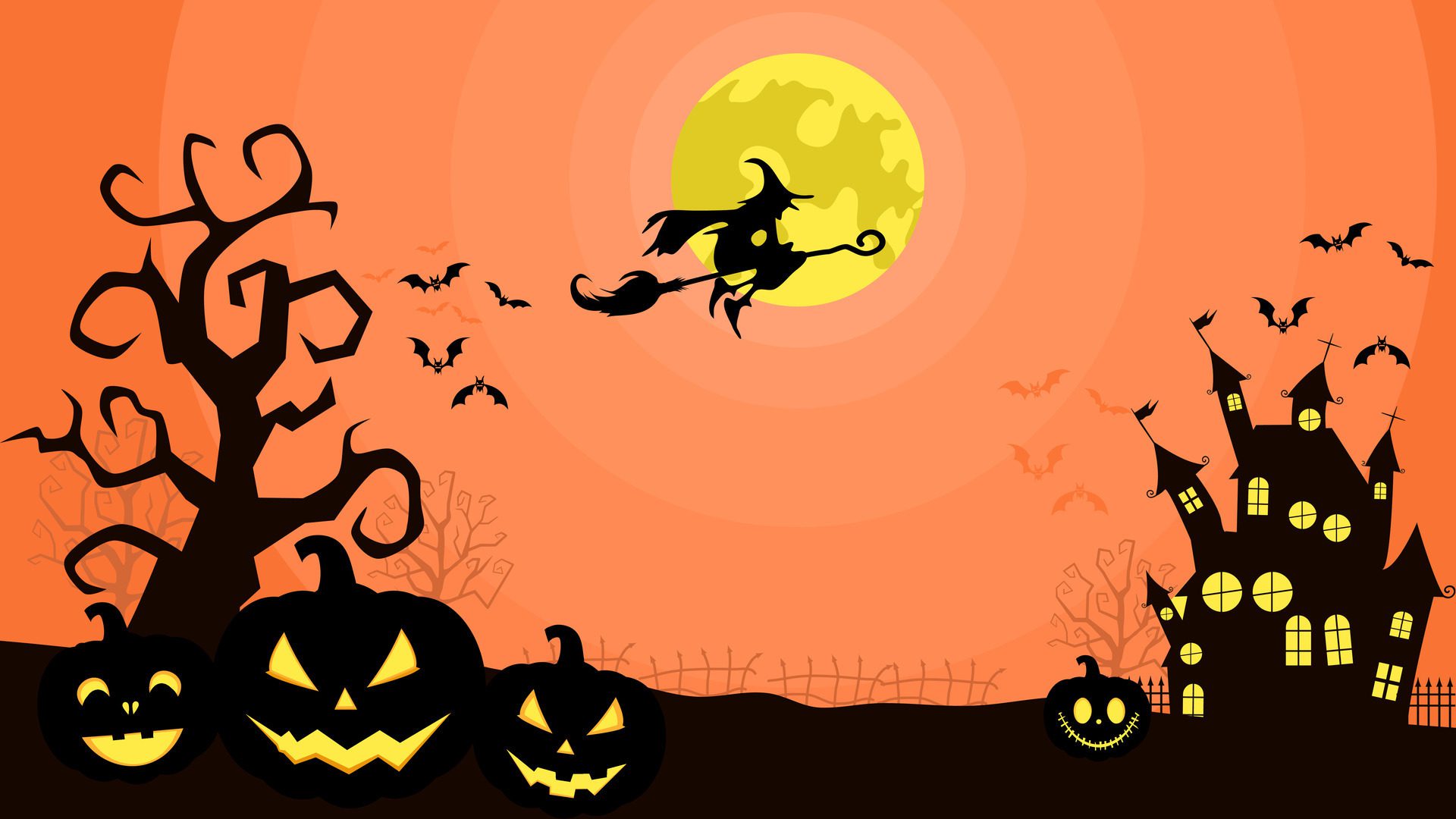 Halloween Fullmoon Banner and Witch. Haunted House. Pumpkins and Bats Free Vector